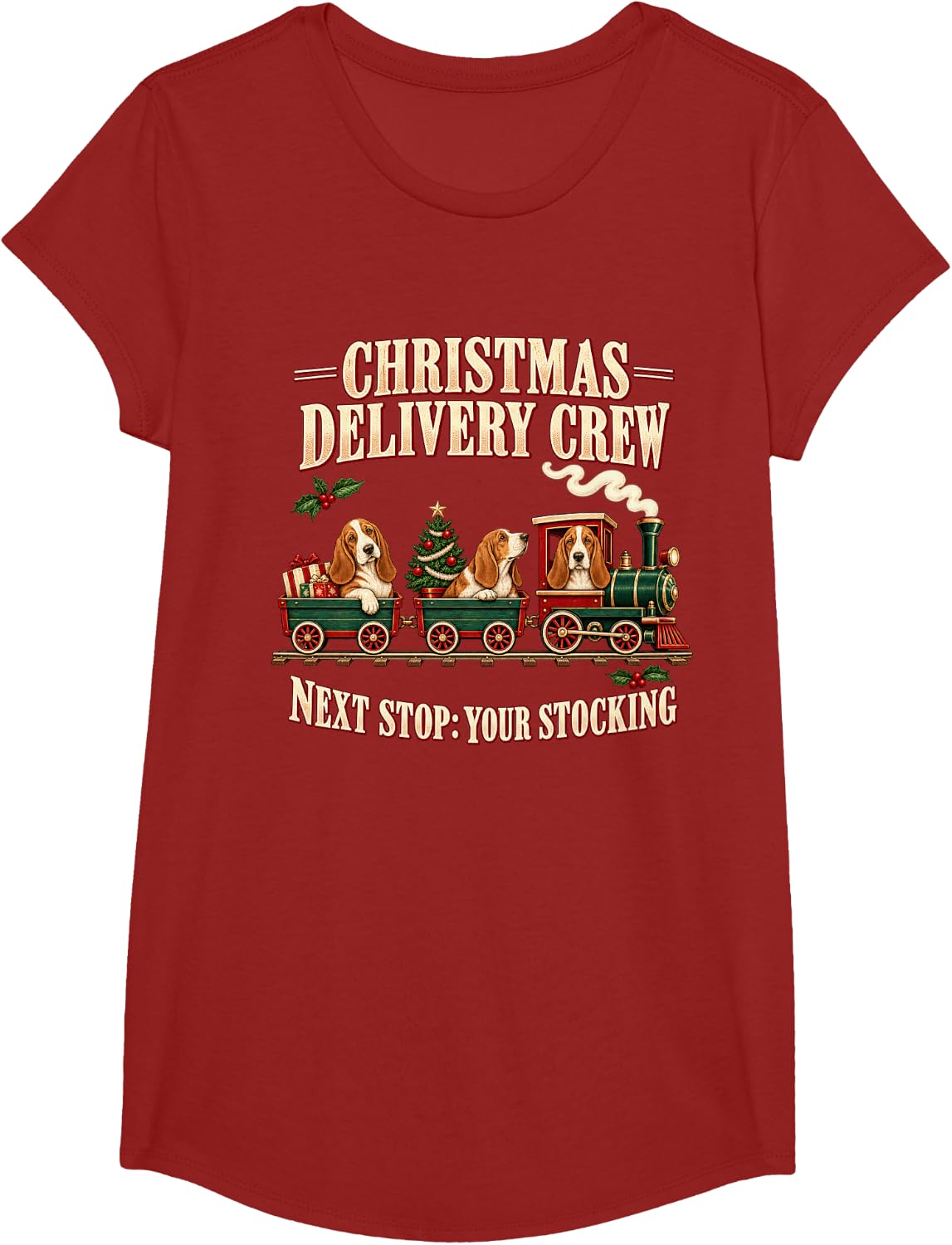 Basset Hound Dog Christmas Train Ride T-Shirt - Girls Cranberry Red