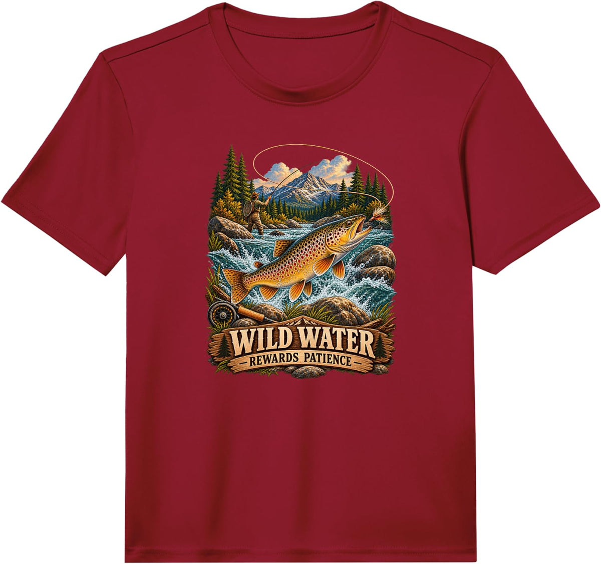 Trout Fishing Wild Water Rewards Patience Fly Angler Saying Performance T-Shirt - Red