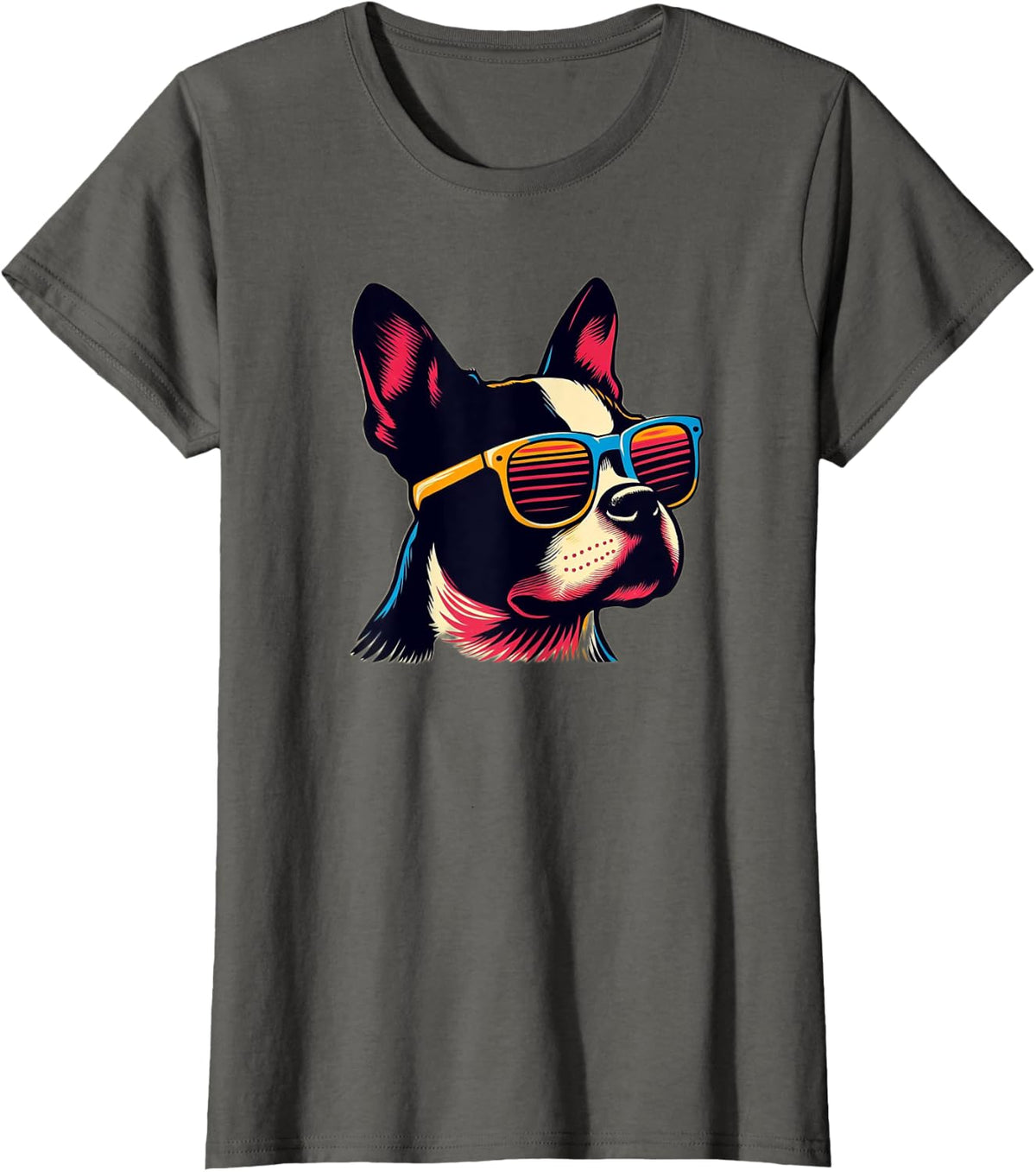Cute Boston Terrier 80s Style Sunglasses T-Shirt - Asphalt Grey