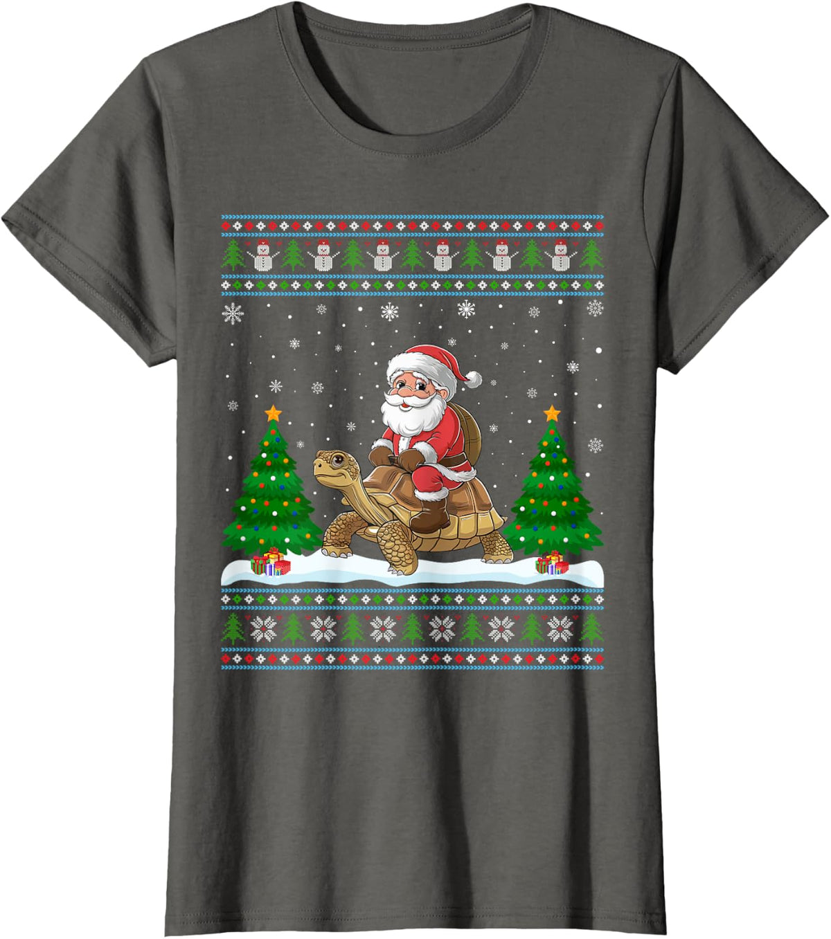 Ugly Xmas Lighting Tree Santa Riding Tortoise Christmas T-Shirt - Asphalt Grey