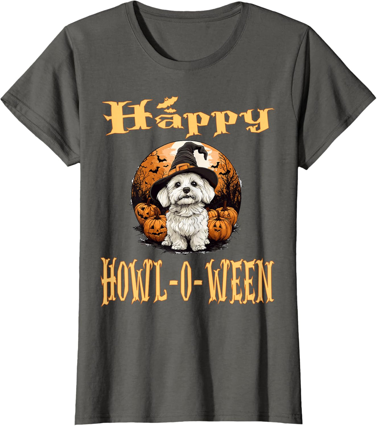 Coton De Tulear Dog Whitch Hat Halloween Pumpkin Spooky T-Shirt - Asphalt Grey