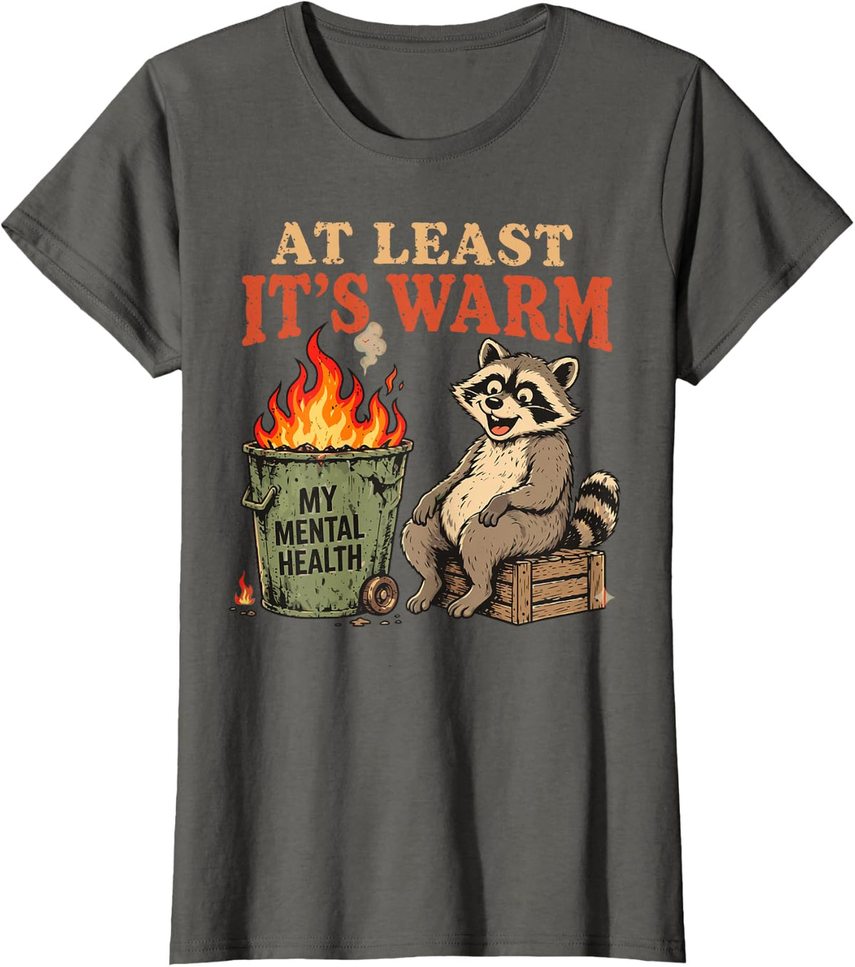 At Least It's Warm Funny Raccoon Mental-Health Dumpster Fire T-Shirt - Asphalt Grey