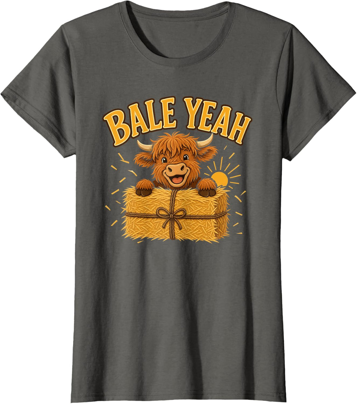 Highland Cow Hay Bale Yeah Farm Pun T-Shirt - Asphalt Grey