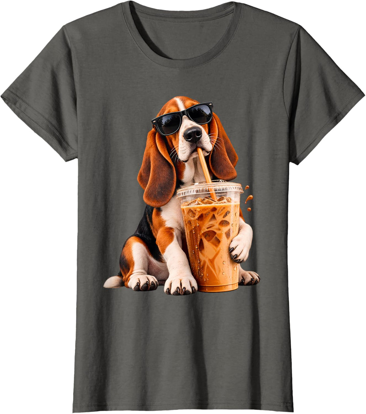 Basset Hound Iced Coffee Dog Lover Sunglasses T-Shirt - Asphalt Grey