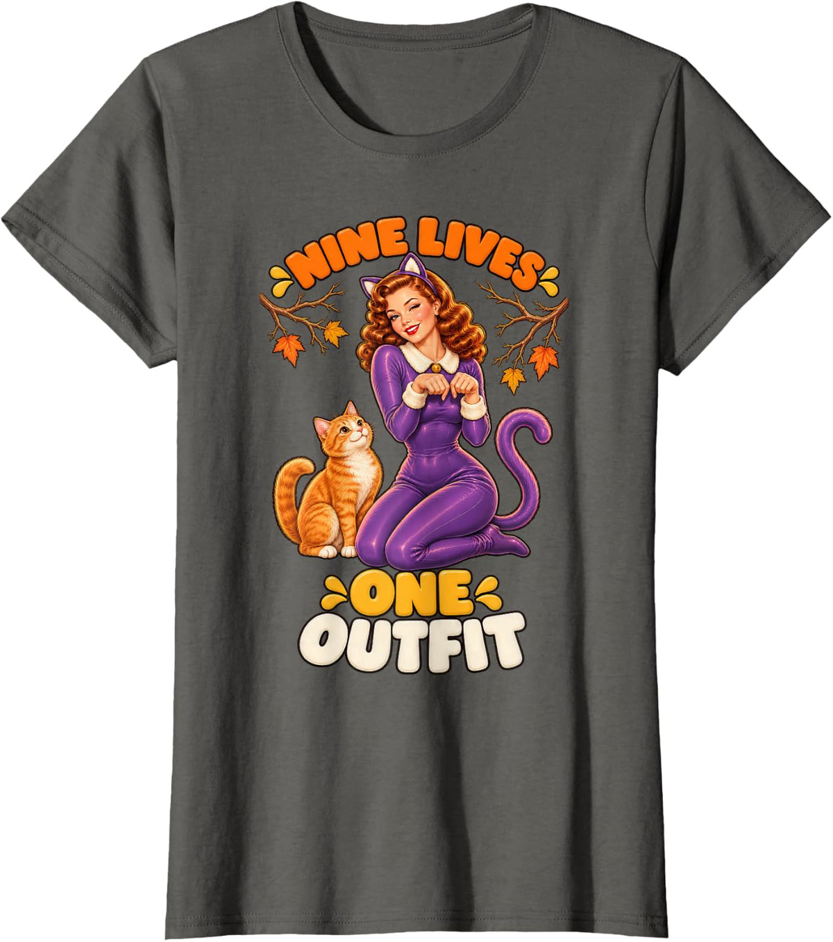 Nine Lives One Outfit Retro Pinup Cat Lady Purple Catsuit T-Shirt - Asphalt Grey