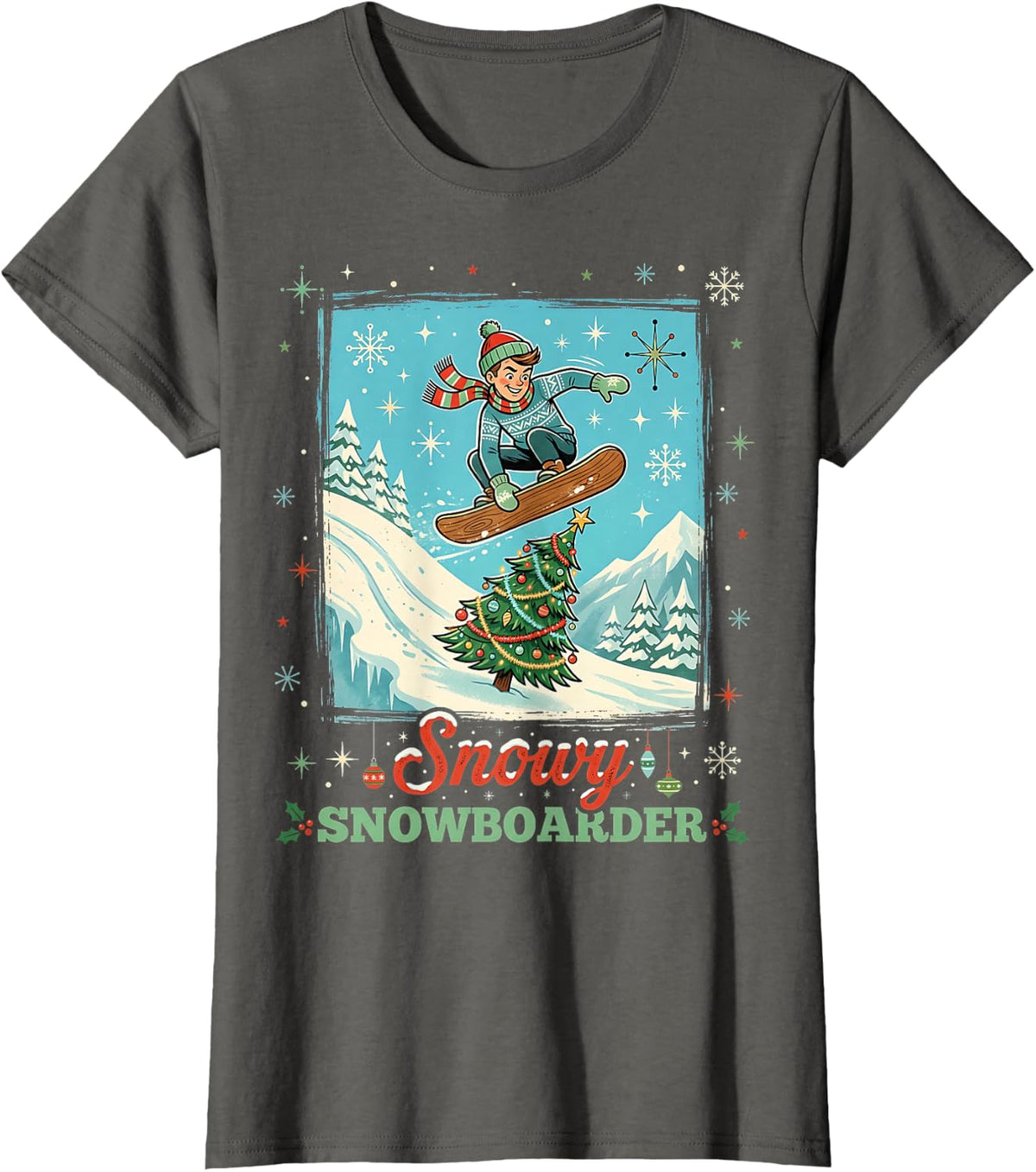 Snowboarding Snowboarder Snowboard Tree Jump Retro Holiday T-Shirt - Asphalt Grey