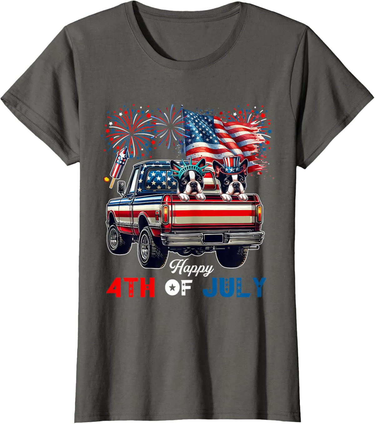 4th Of July Two Cute Boston Terriers On Pickup Truck Flag T-Shirt - Asphalt Grey