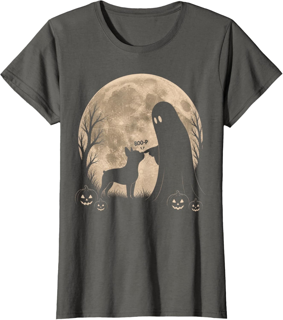 Retro Boston Terrier Dog Boop Ghost Halloween Moon T-Shirt - Asphalt Grey