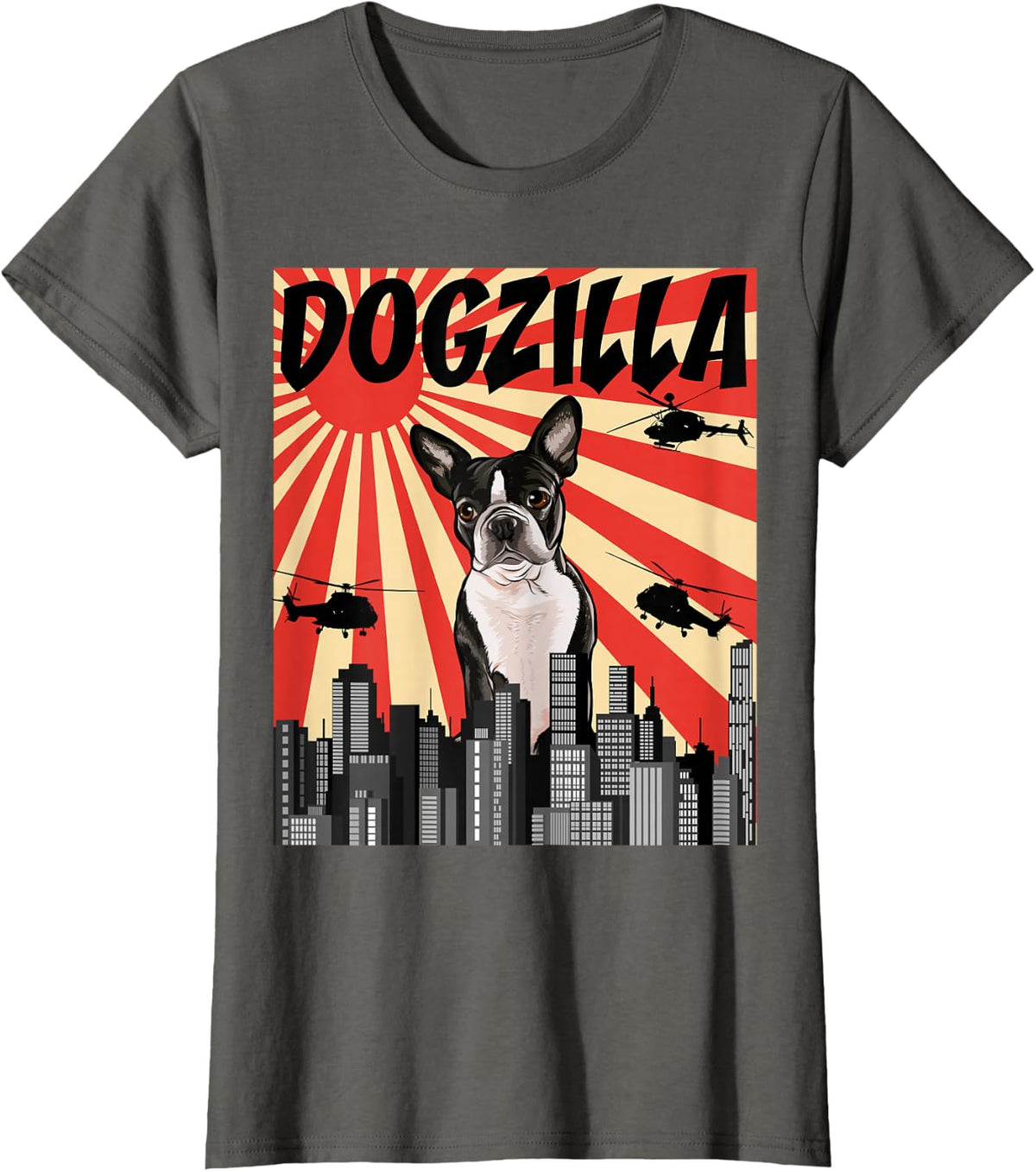 Funny Retro Japanese Dogzilla Boston Terrier T-Shirt - Asphalt Grey