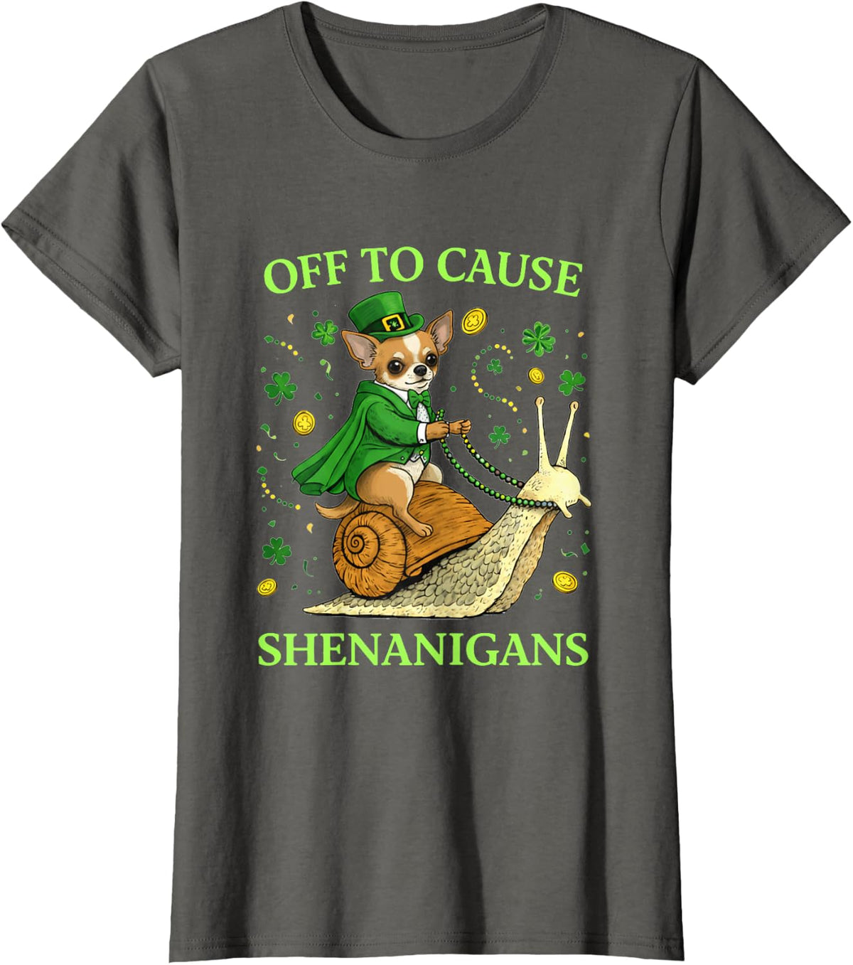 St Patricks Day Chihuahua Riding Snail Shenanigans T-Shirt - Asphalt Grey
