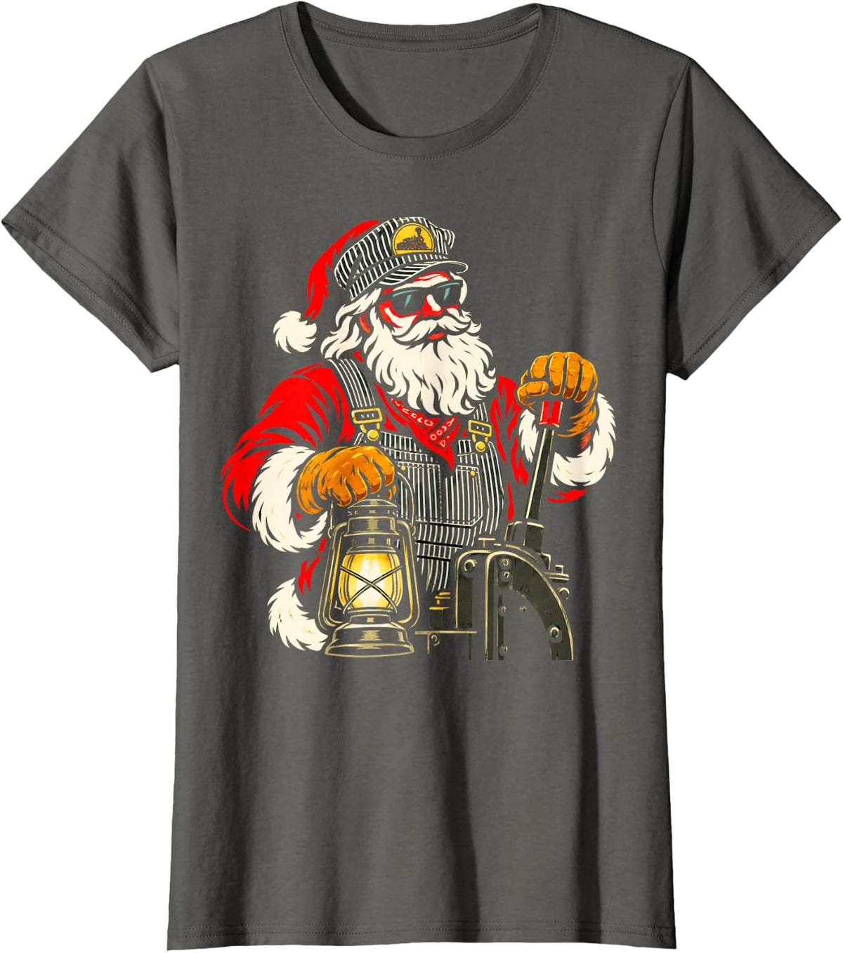 Train Engineer Santa Christmas Railroad Worker Railroader T-Shirt - Asphalt Grey