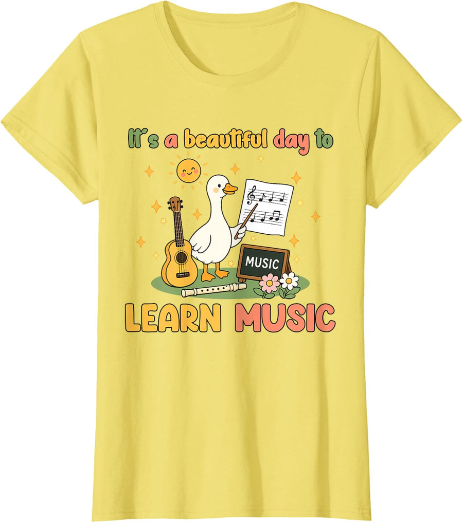 Learn Music Musician Goose Music Teacher T-Shirt Tee Back to School Gift for Women Men - Lemon Yellow