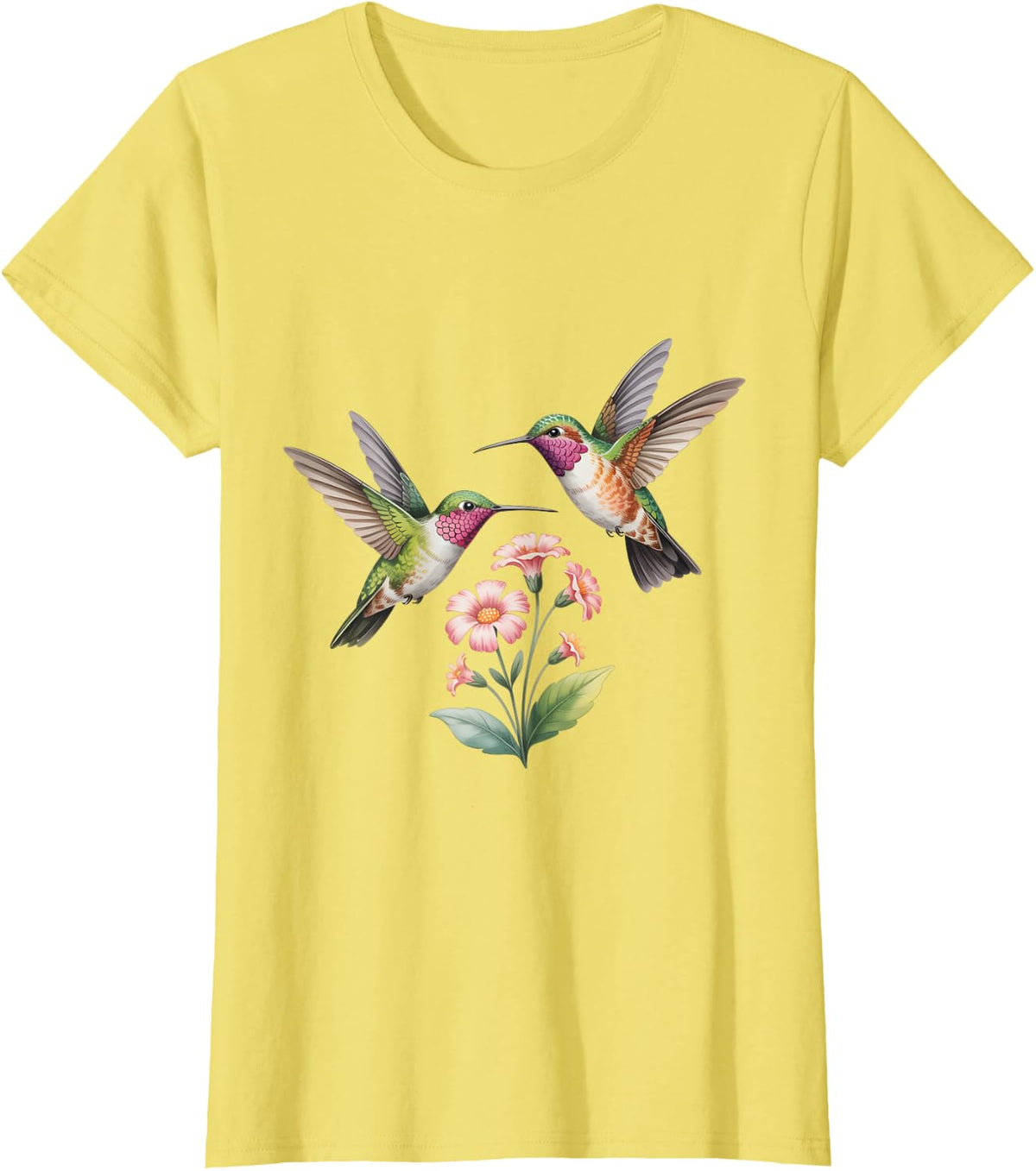 Watercolor Hummingbird Pair with Flowers Nature Bird Lover T-Shirt - Lemon Yellow