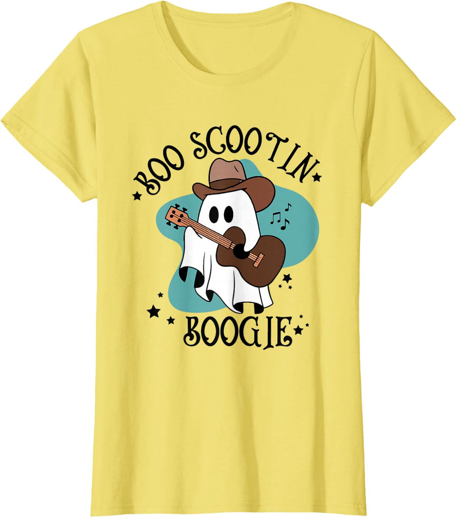 Retro Western Halloween Cowboy Cute Ghost Boo Scootin Boogie T-Shirt - Lemon Yellow