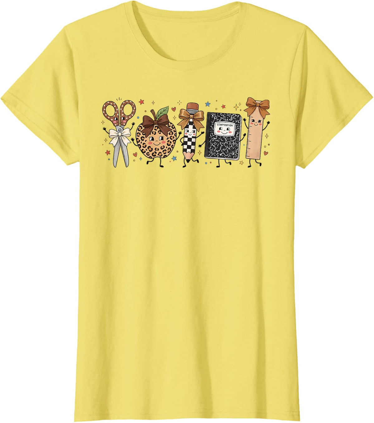Cute Back to School Supplies Leopard Print Bow Teacher T-Shirt - Lemon Yellow