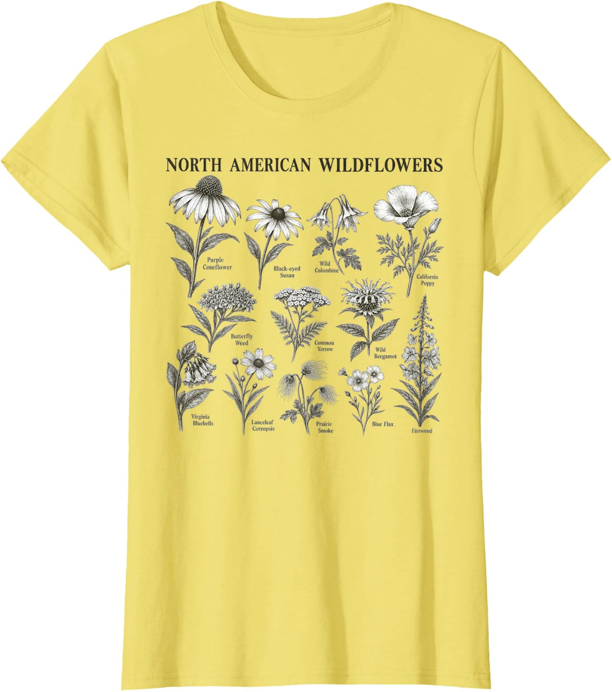 North American Wildflowers Vintage Botanical T-Shirt - Lemon Yellow
