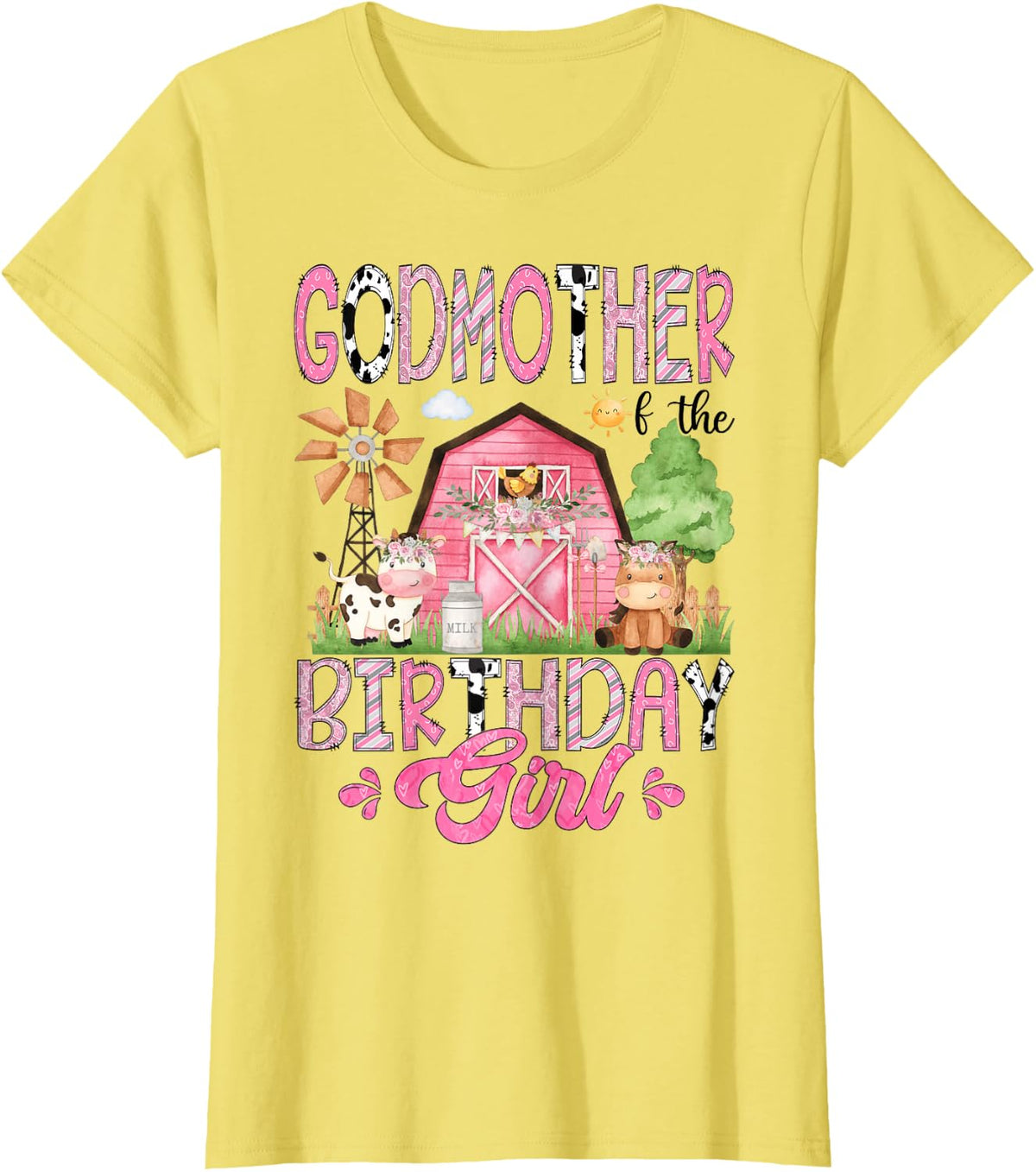 Godmother of The Birthday Girl Pink Farm Cow Animals Lover T-Shirt - Lemon Yellow