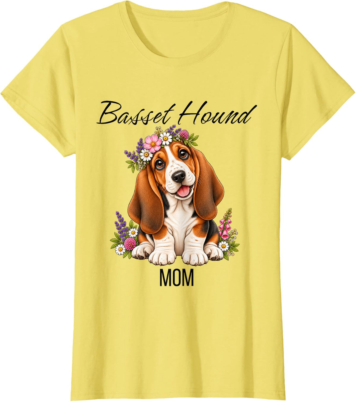 Basset Hound Mom Cute Floral Puppy Crown Flowers Dog T-Shirt - Lemon Yellow
