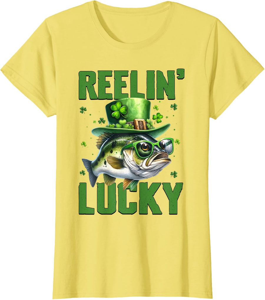 Groovy Reelin Lucky Funny Fishing Shamrock St. Patrick's Day T-Shirt - Lemon Yellow
