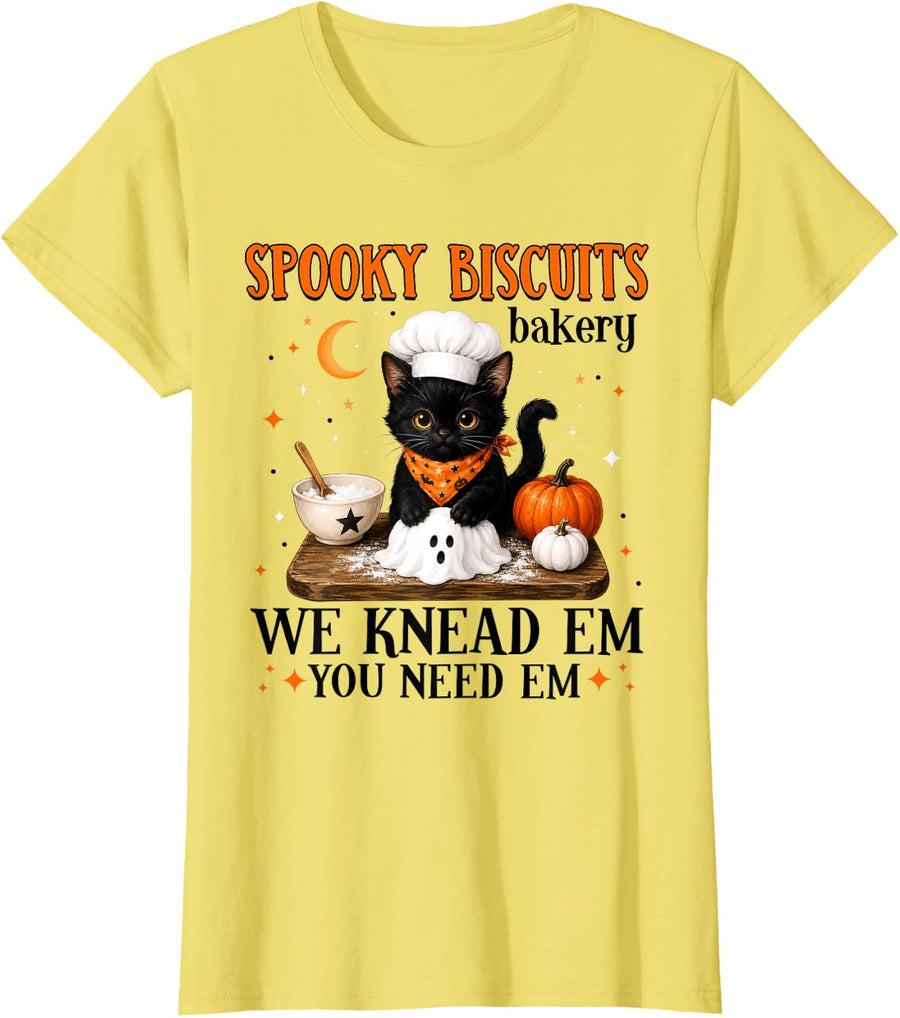 Funny Cat Spooky Biscuits Bakery Baking Halloween Men Women T-Shirt - Lemon Yellow