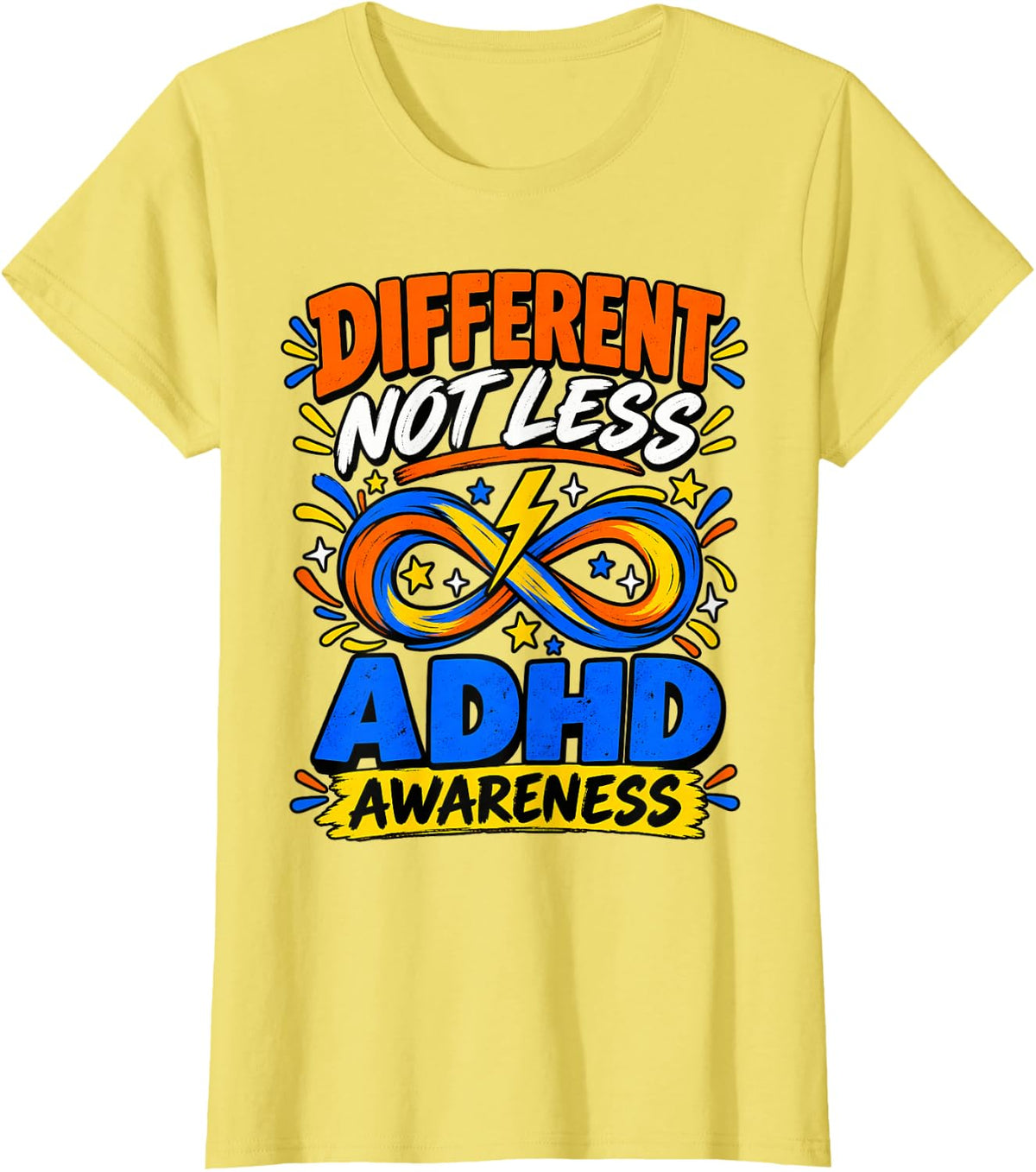 ADHD Awareness Different Not Less Infinity Lightning Bolt T-Shirt - Lemon Yellow