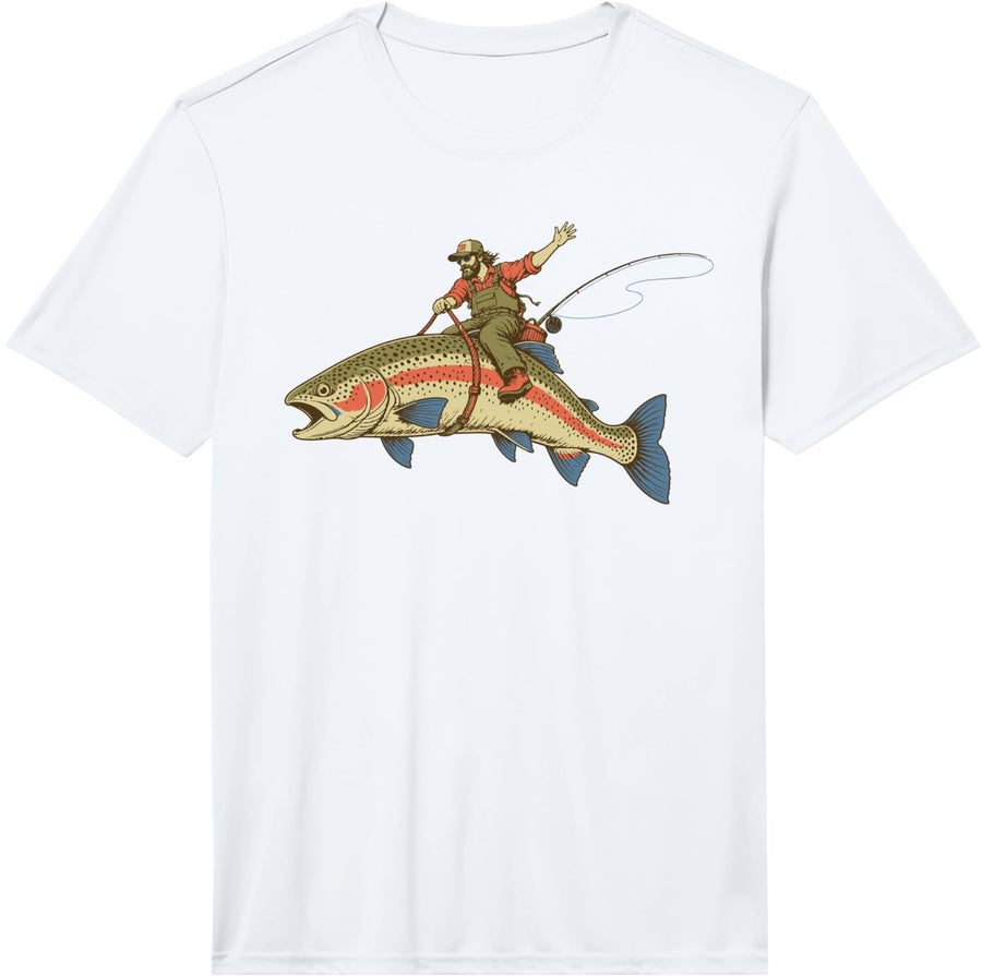 Trout Rodeo! Fly Fisherman Rainbow Trout Performance T-Shirt - White