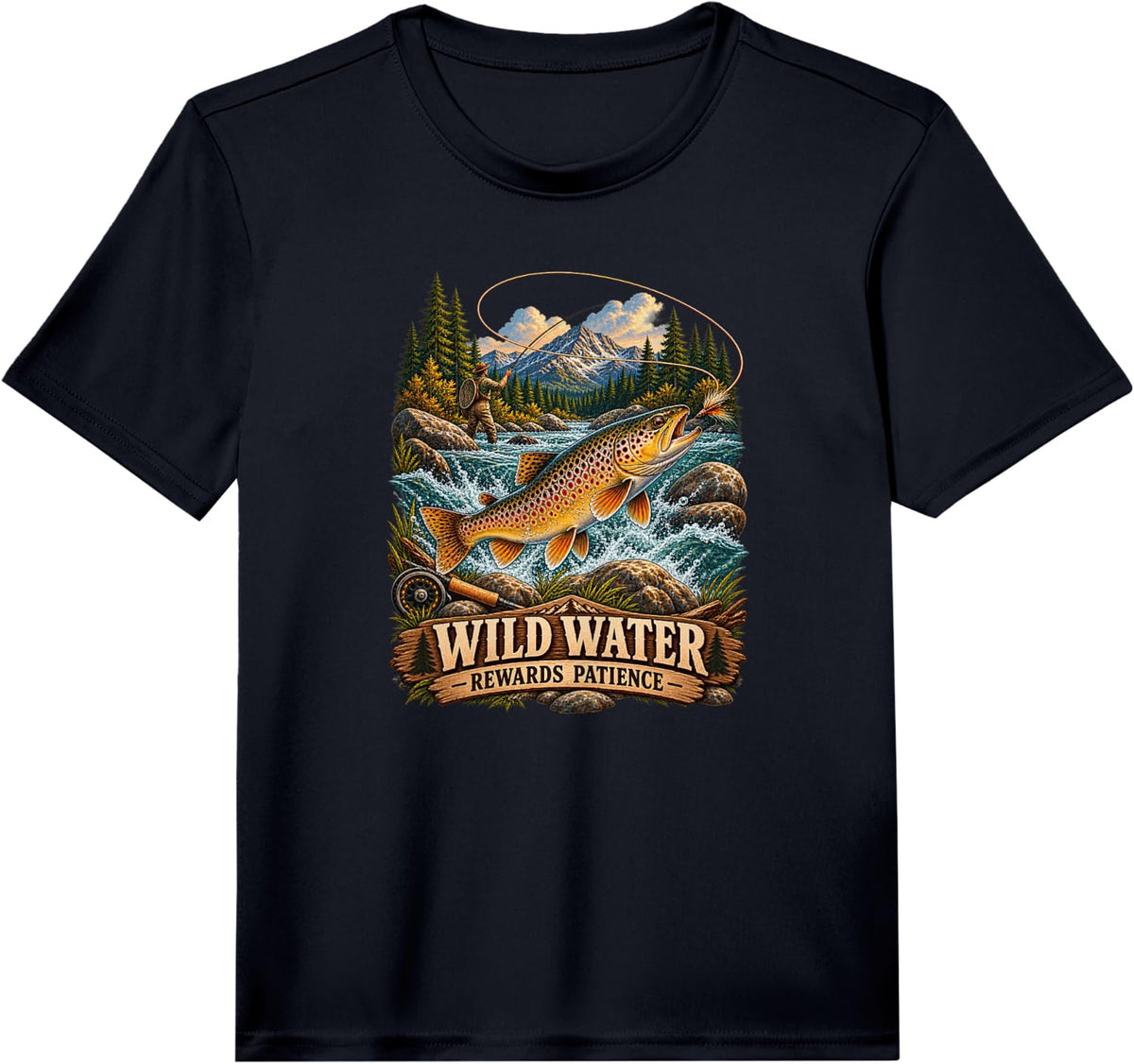 Trout Fishing Wild Water Rewards Patience Fly Angler Saying Performance T-Shirt - Black