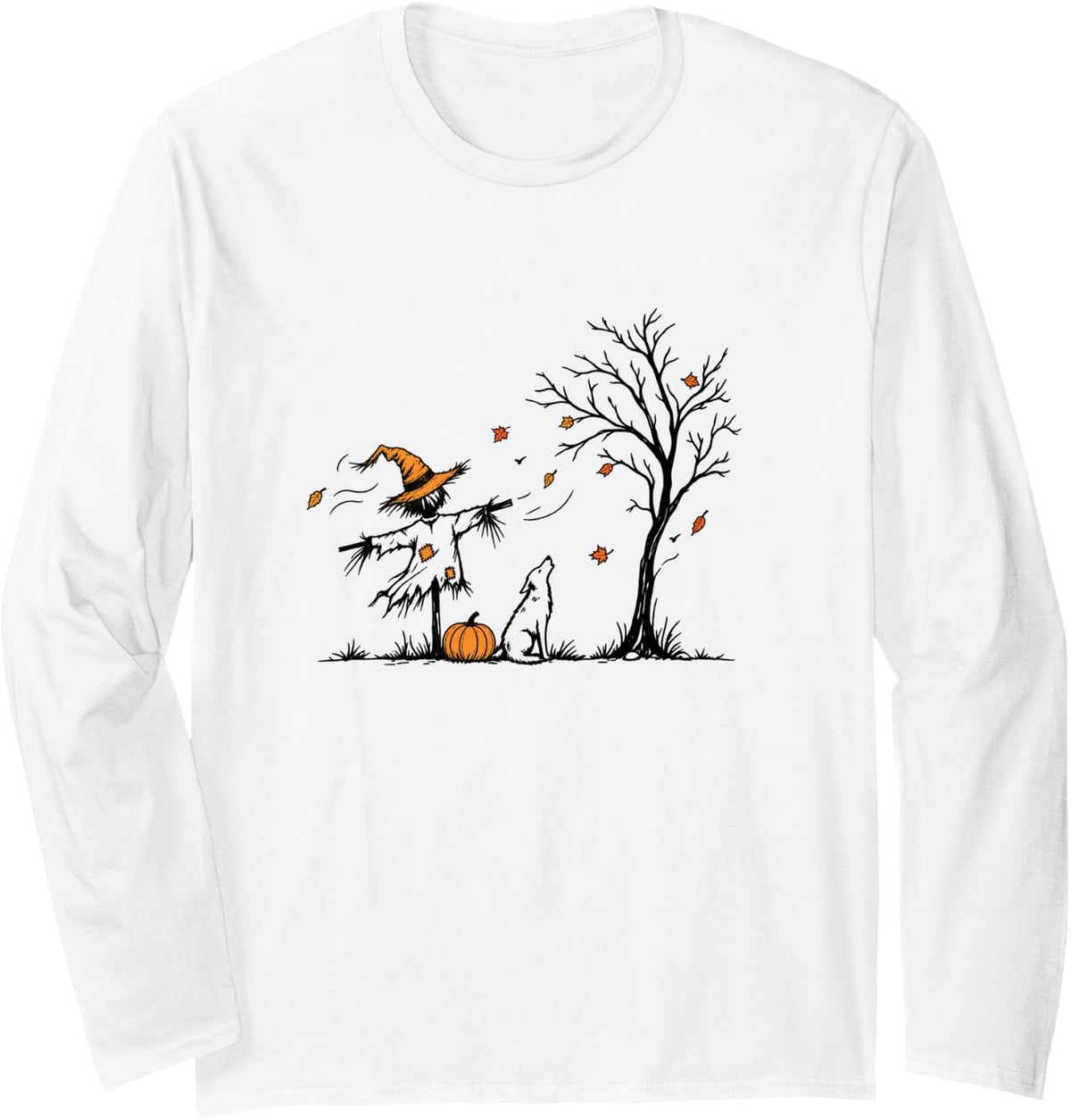 Minimalist Halloween Scarecrow Dog Autumn Leaves Women Long Sleeve T-Shirt - Adult Unisex White