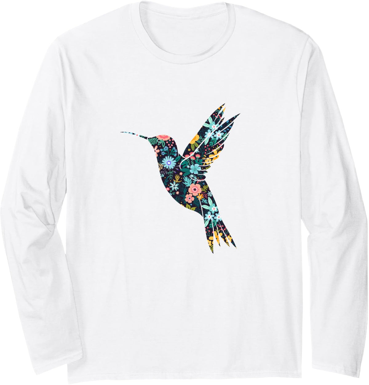 Floral Hummingbird Silhouette Womens Girls Graphic Long Sleeve T-Shirt - Adult Unisex White