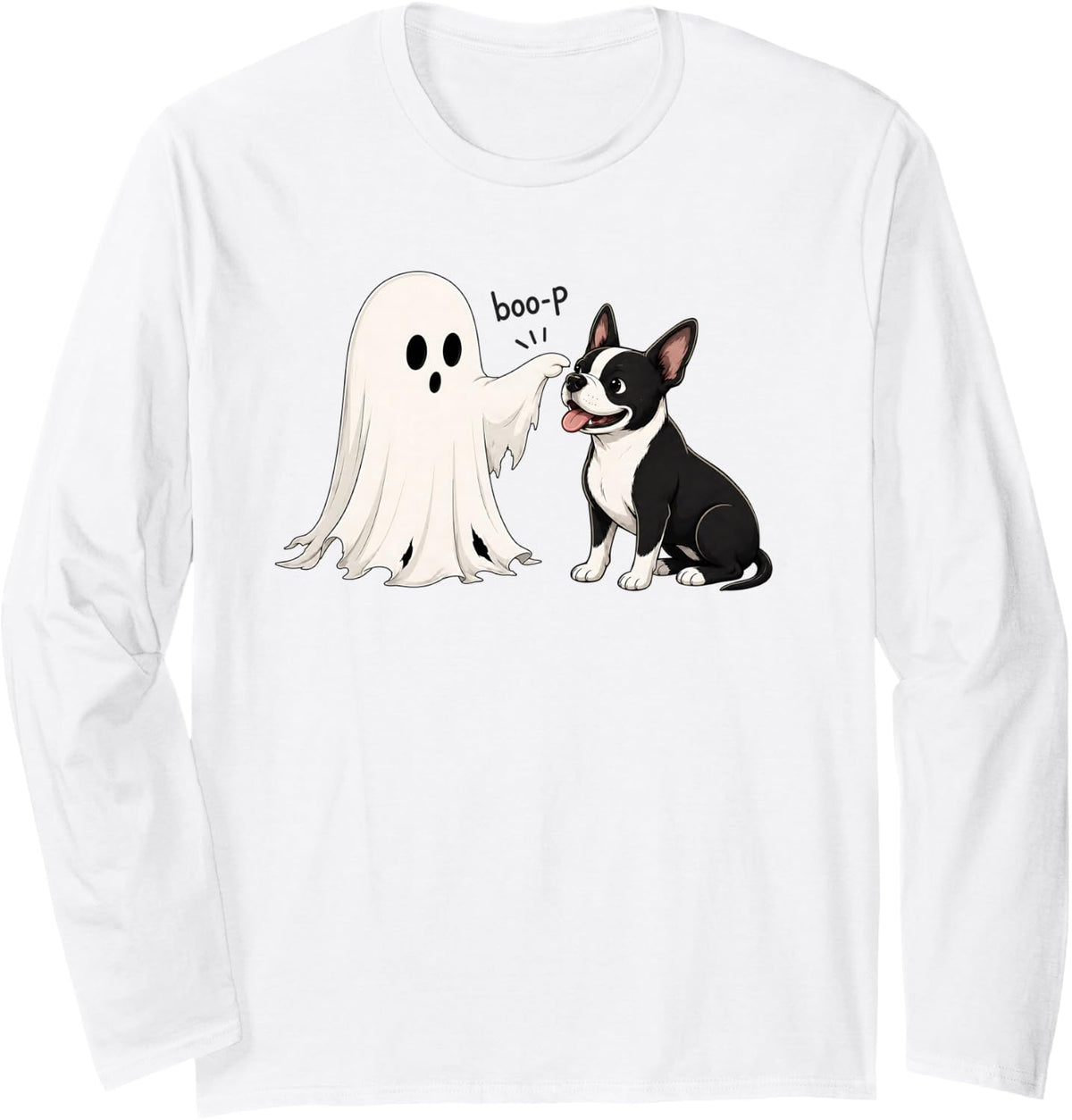 Boo Boo-p Boston Terrier Ghost Funny Boop Halloween Dog Mom Long Sleeve T-Shirt - Adult Unisex White