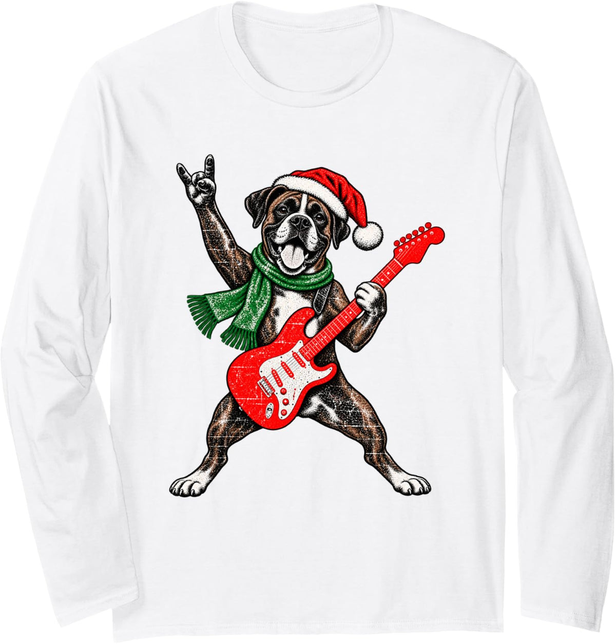 Vintage Boxer Rock Playing Guitar Funny Christmas Long Sleeve T-Shirt - Adult Unisex White