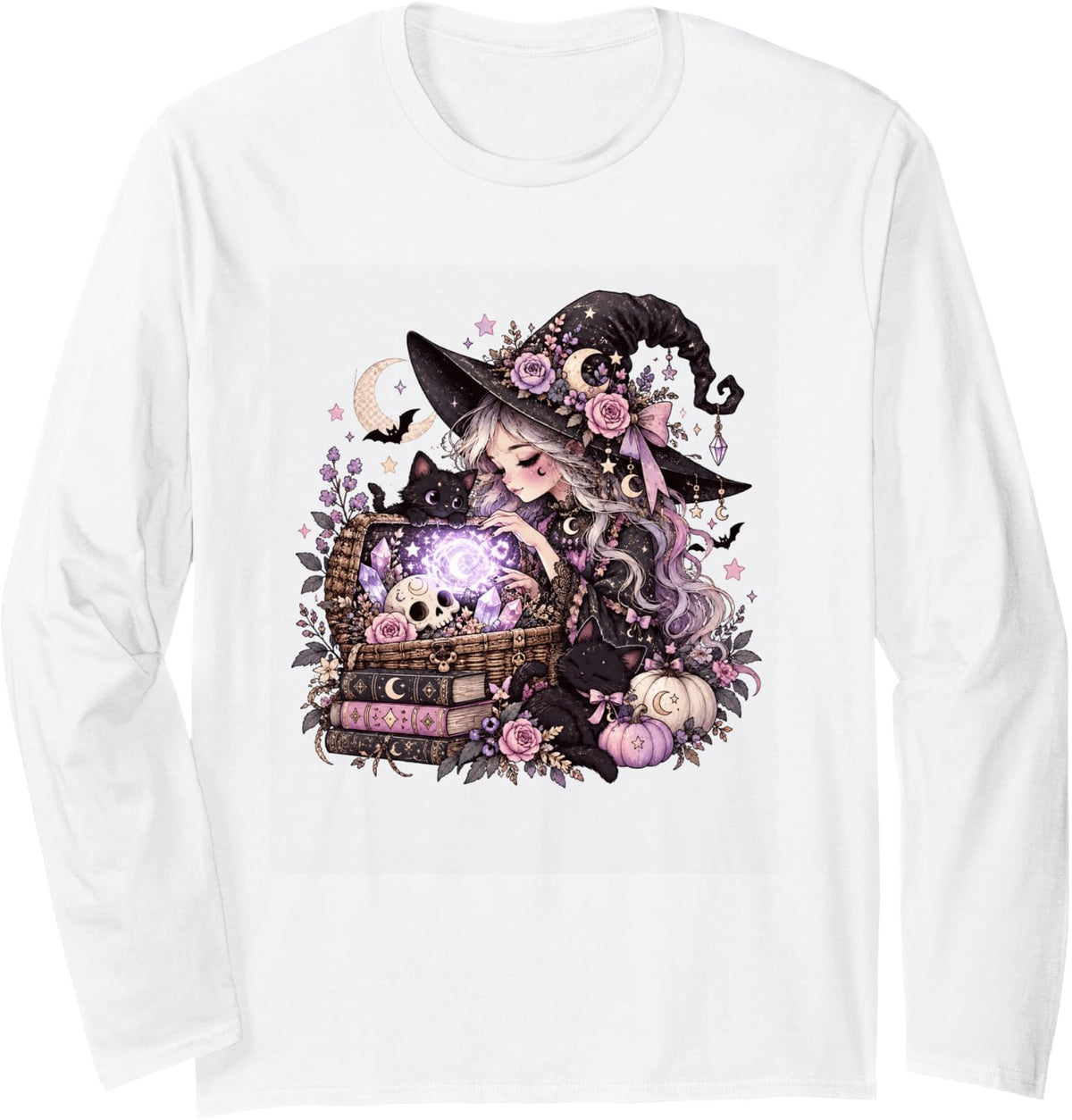 Alternative Cute Pastel Goth Witch Black Cat Witchcore Long Sleeve T-Shirt - Adult Unisex White
