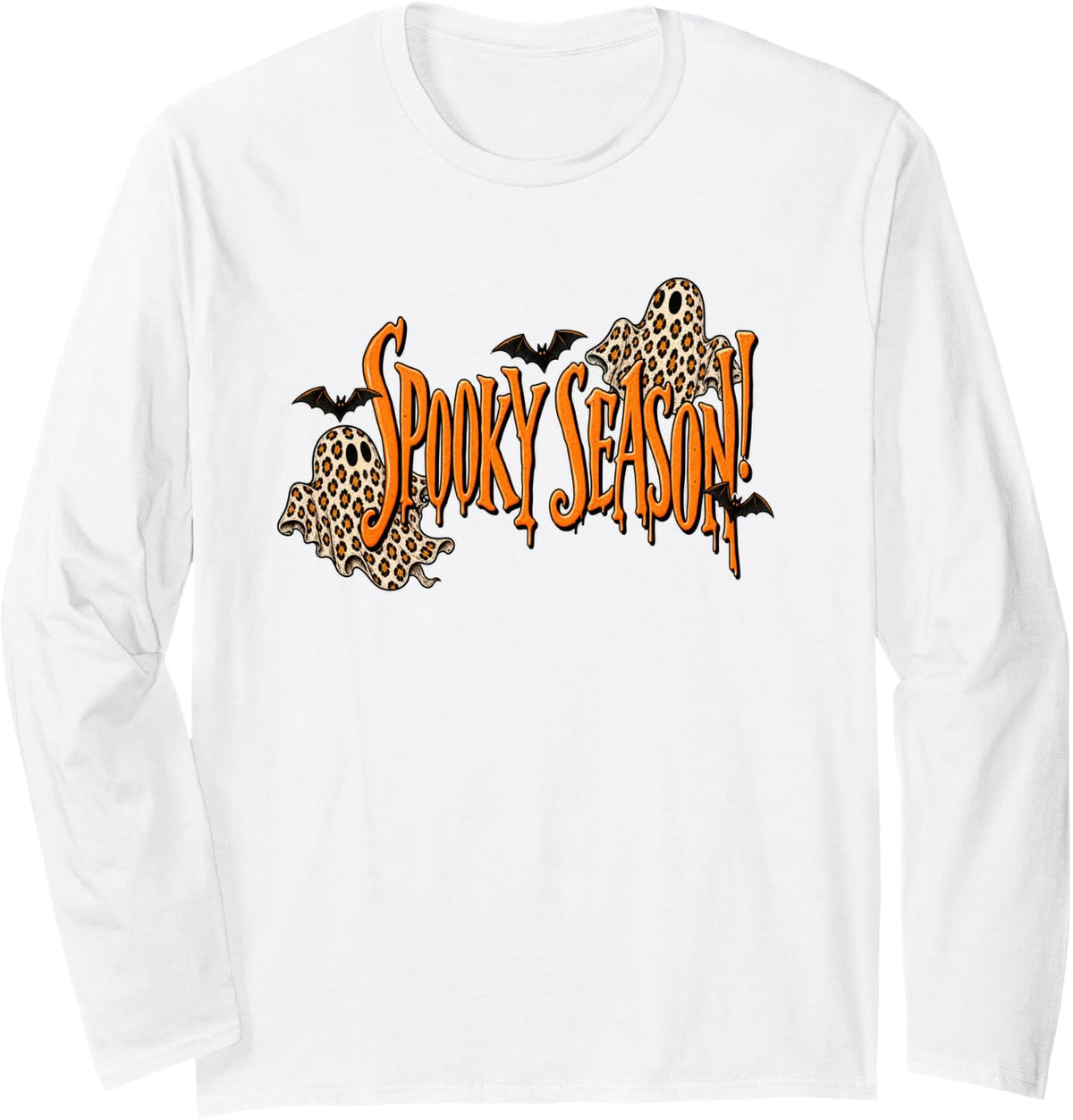 Leopard Ghost Witch Spooky Season Halloween Front and Back Long Sleeve T-Shirt - Adult Unisex White