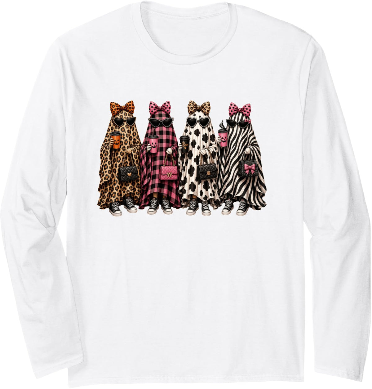 Halloween Ghost Costume Spooky Season Fashion Womens Long Sleeve T-Shirt - Adult Unisex White