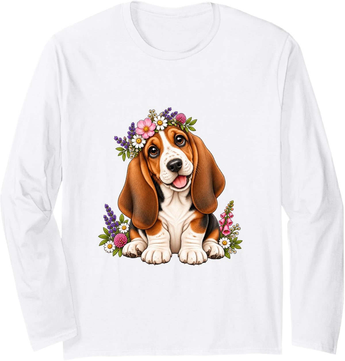 Basset Hound Cute Floral Puppy Crown Flowers Long Sleeve T-Shirt - Adult Unisex White