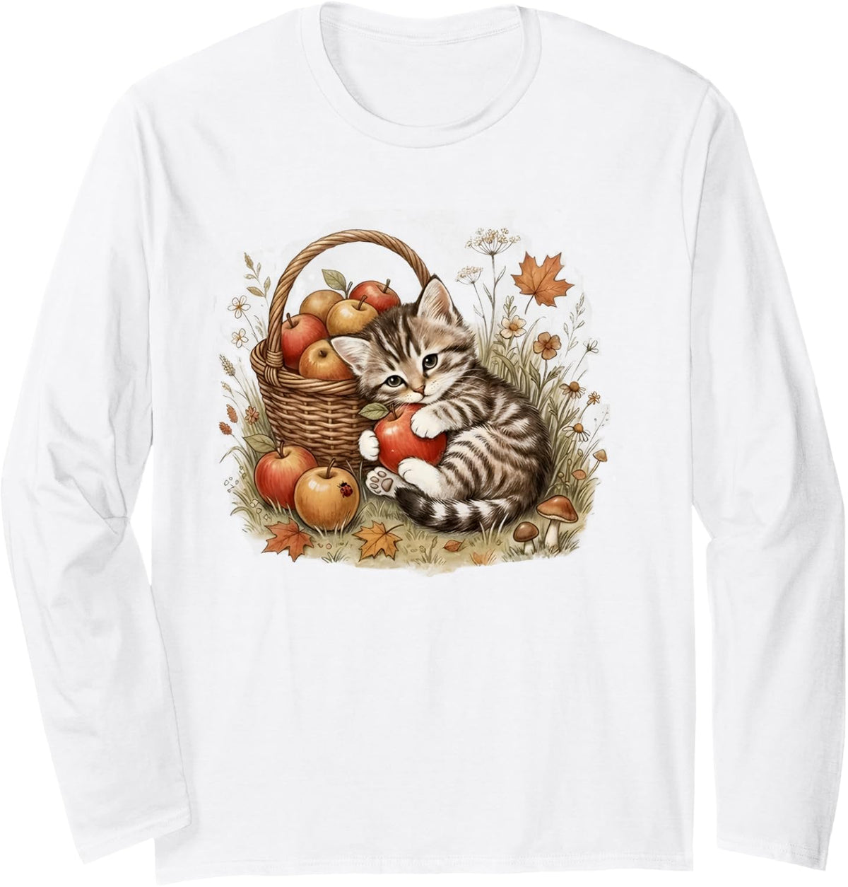 Cute Kitten Hugging Apple Autumn Cat Graphic Fall Season Long Sleeve T-Shirt - Adult Unisex White