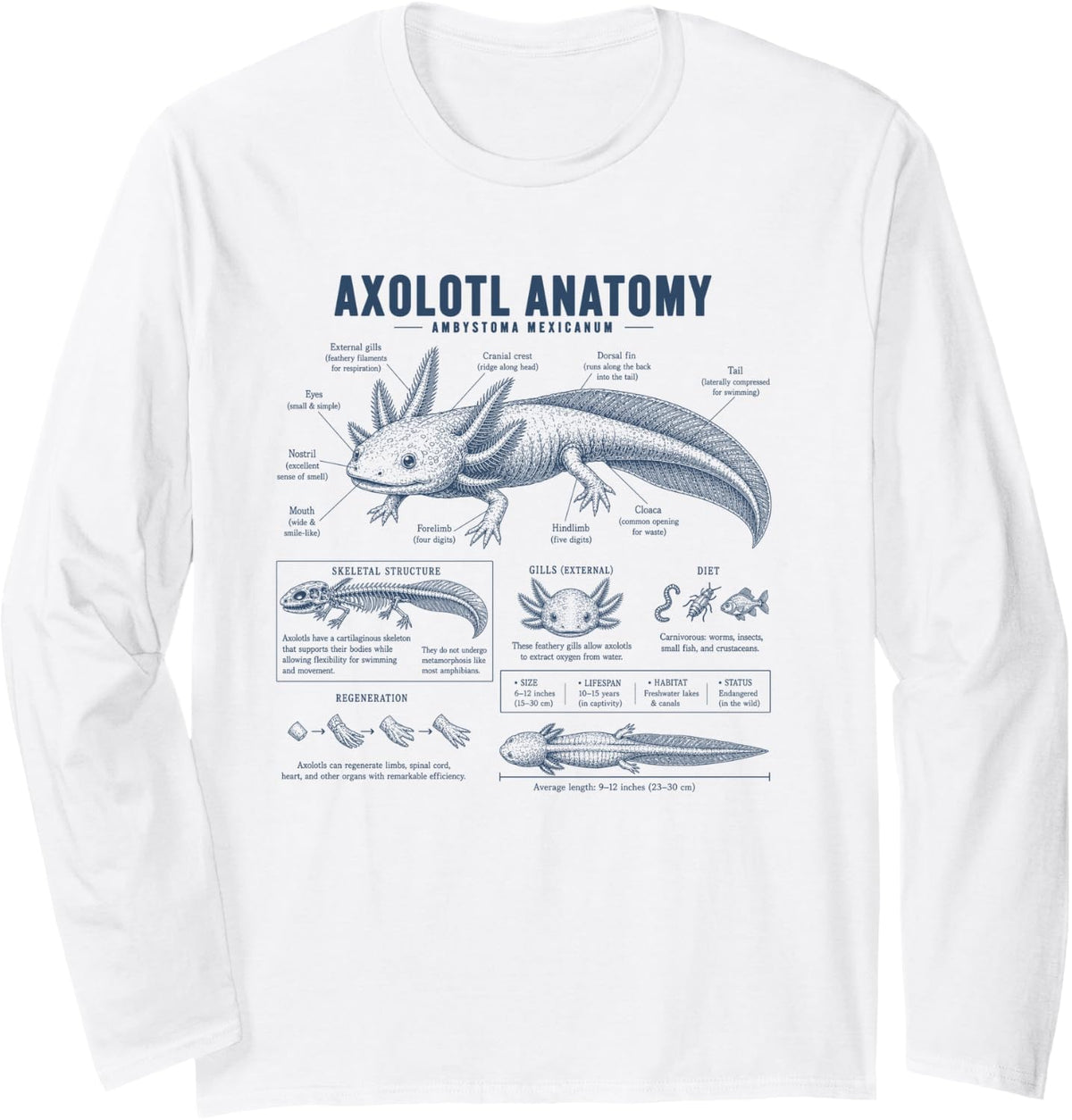 Vintage Axolotl Anatomy Biology Science Amphibian Salamander Long Sleeve T-Shirt - Adult Unisex White