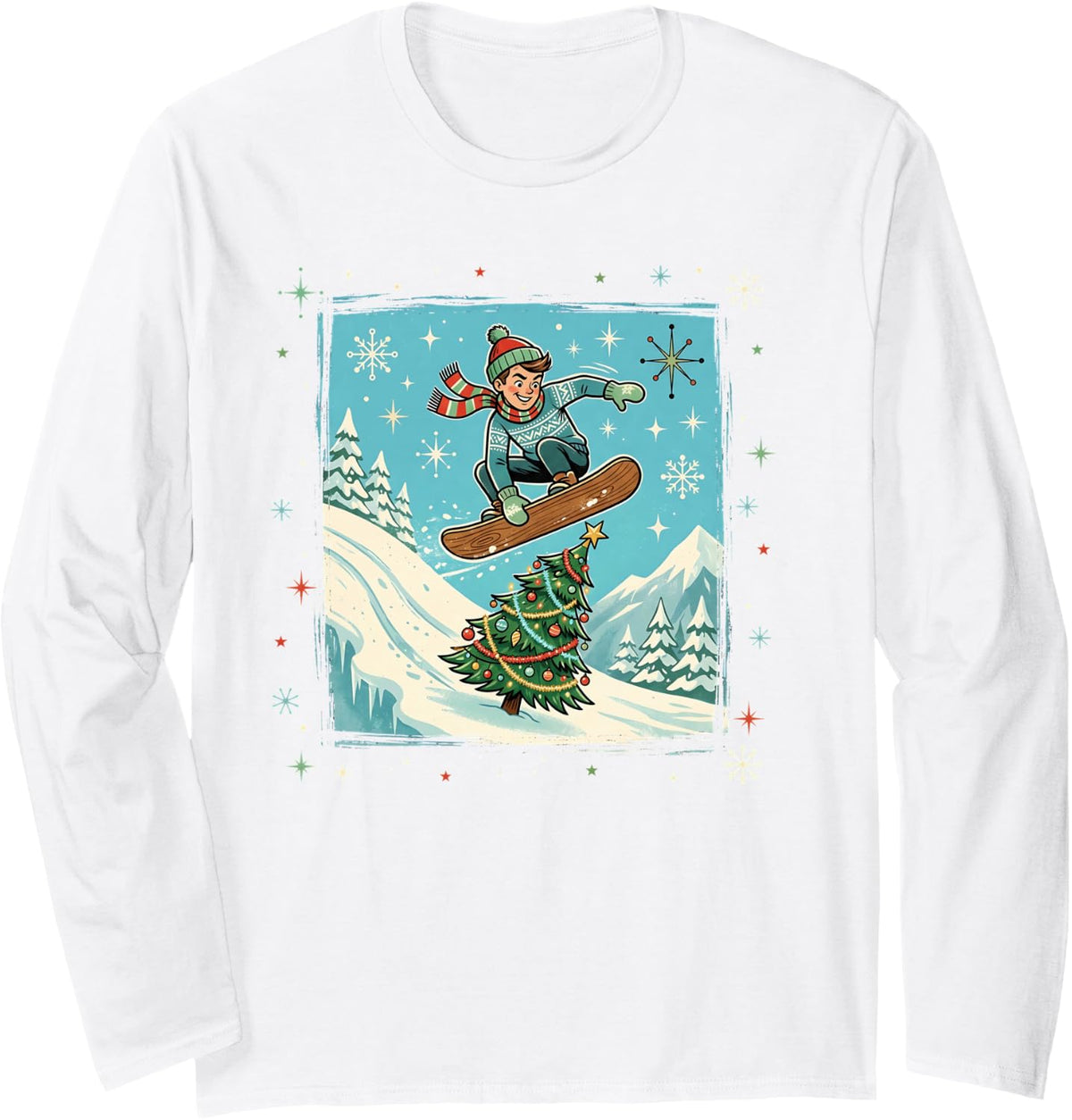 Snowboarding Snowboarder Snowboard Tree Jump Retro Holiday Long Sleeve T-Shirt - Adult Unisex White