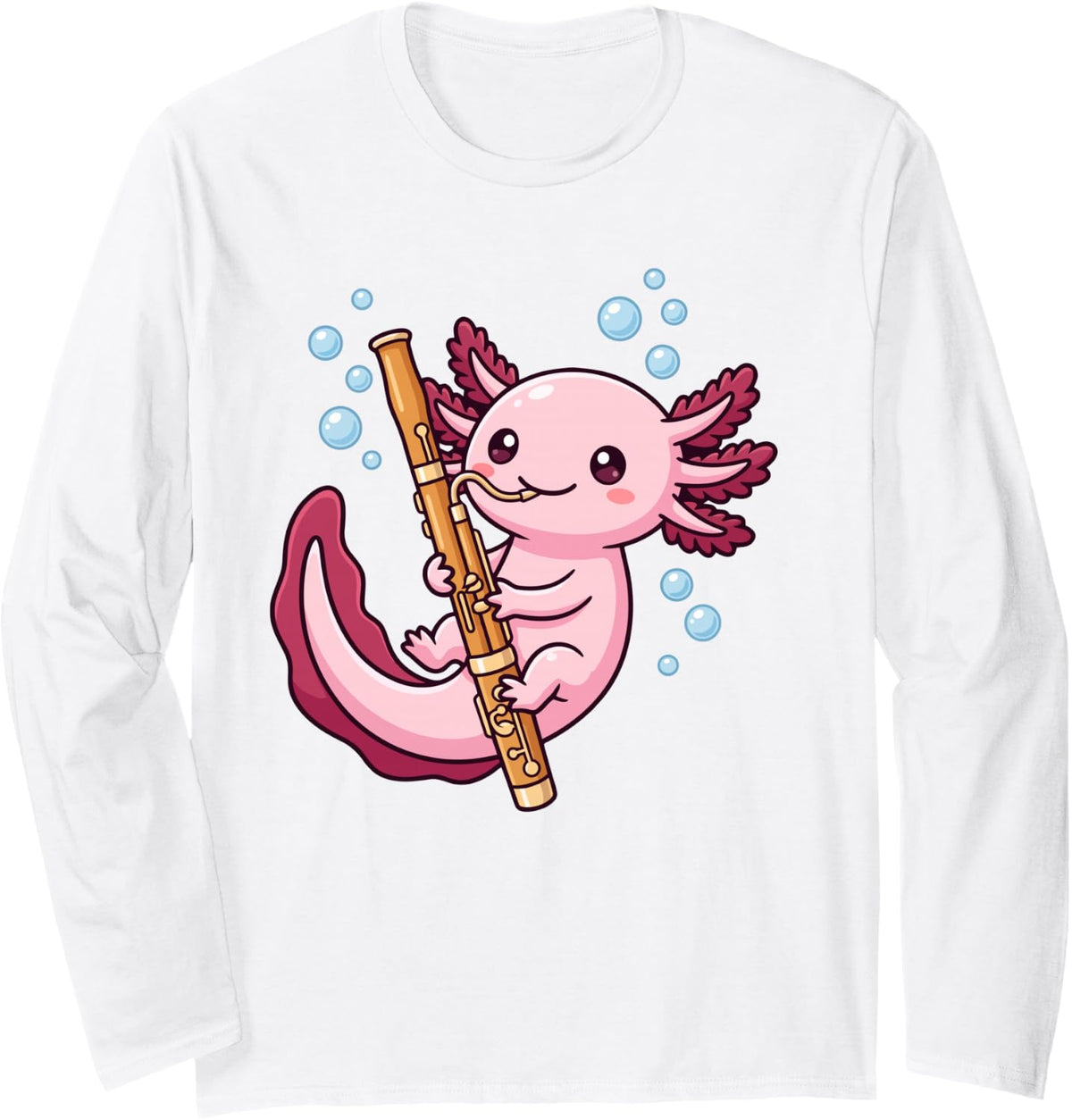 Cute Axolotl Playing Bassoon Funny Bassoonist Musician Long Sleeve T-Shirt - Adult Unisex White