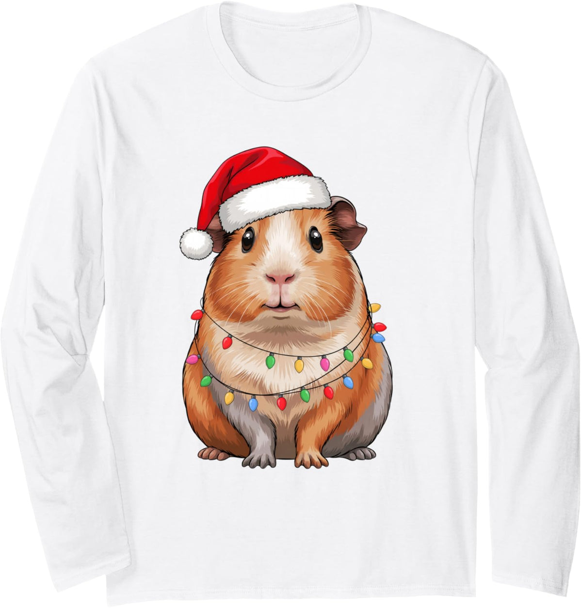 Funny Guinea Pig Lover Santa Hat Christmas Lights Squad Crew Long Sleeve T-Shirt - Adult Unisex White