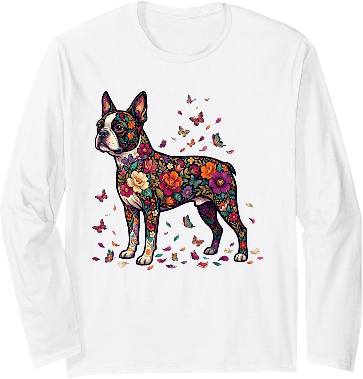 Boston Terrier Colorful Floral Butterfly Flowers Botanical Long Sleeve T-Shirt - Adult Unisex White