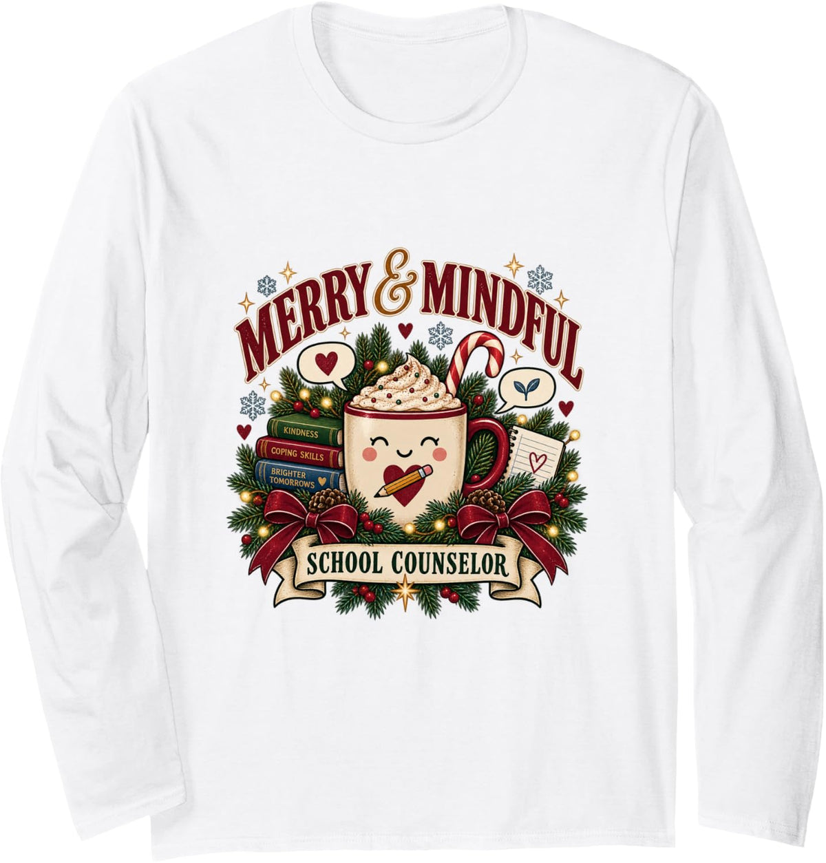 Merry & Mindful School Counselor Christmas Long Sleeve T-Shirt - Adult Unisex White