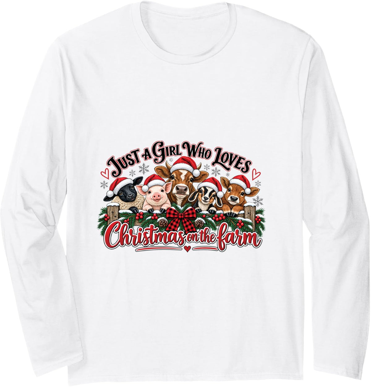 Christmas Farm Animals Cute Cow Pig Goat Holiday Novelty Long Sleeve T-Shirt - Adult Unisex White