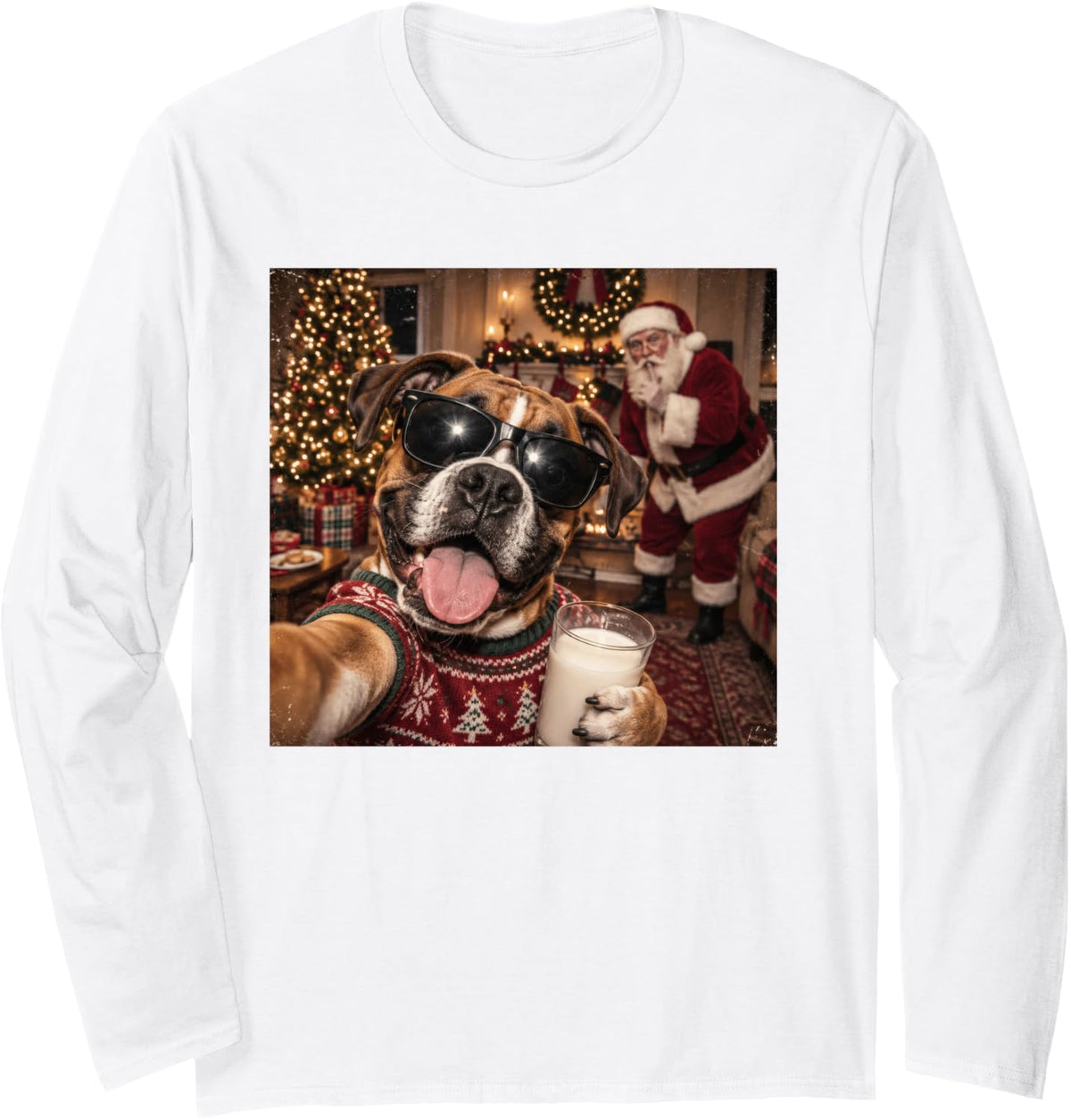 Funny Boxer Christmas Santa Selfie Dog Lover Holiday Xmas Long Sleeve T-Shirt - Adult Unisex White