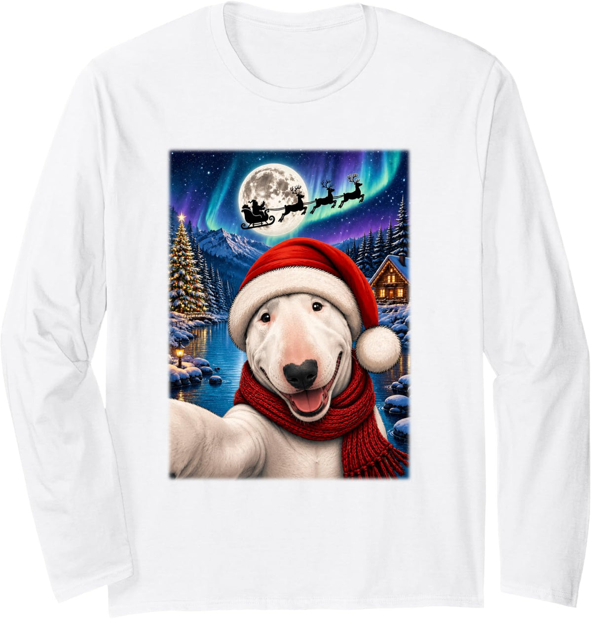 Bull Terrier Dog Christmas Moon Night Santa Sleigh Xmas Long Sleeve T-Shirt - Adult Unisex White