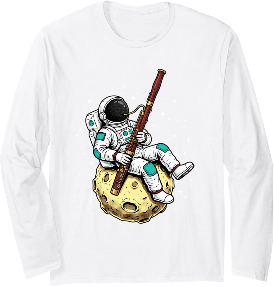 Retro Astronaut Playing Bassoon Space Musician Bassoonist Long Sleeve T-Shirt - Adult Unisex White
