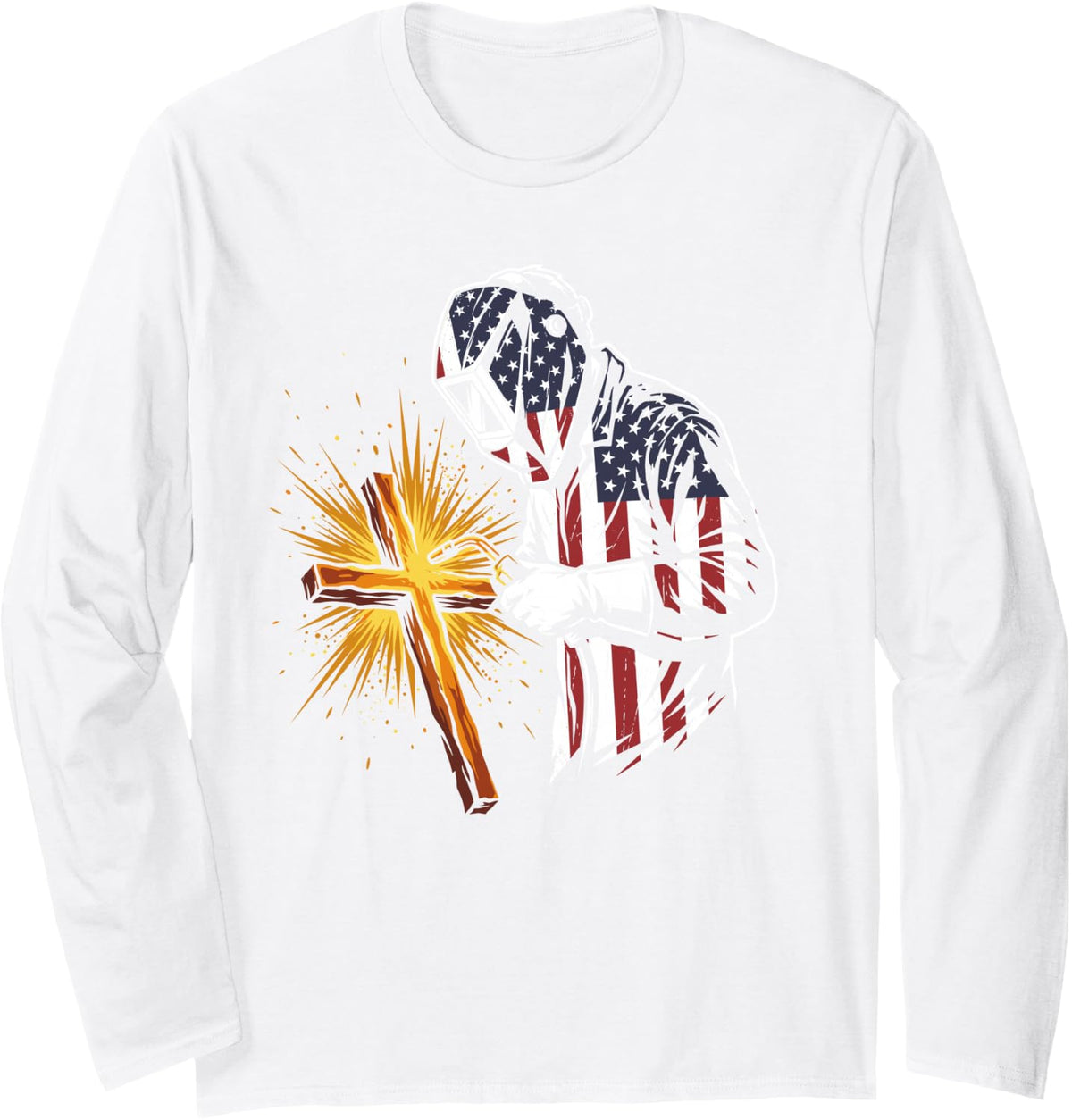 US American Flag Cross Christian Welder Welding Metal Weld Long Sleeve T-Shirt - Adult Unisex White