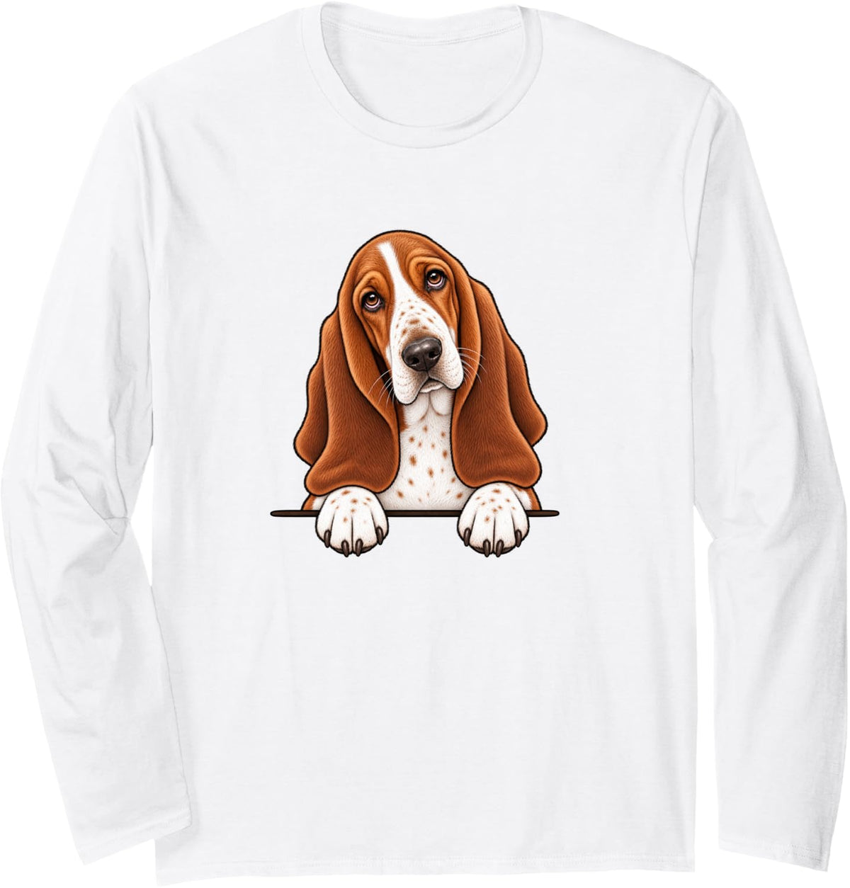 Womens Girls Moms Peeking Pocket Basset Hound Dog Lover Long Sleeve T-Shirt - Adult Unisex White