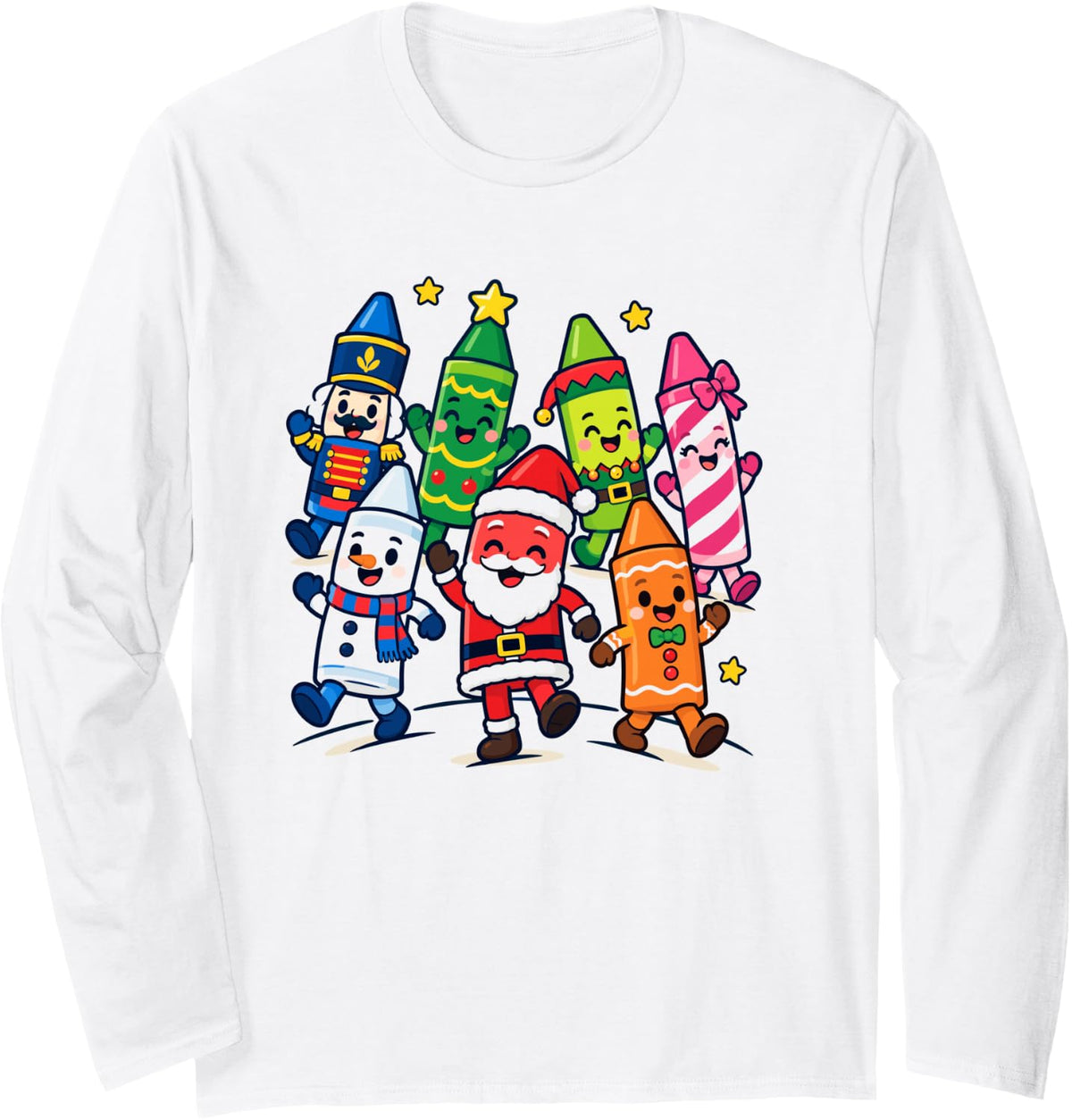 Cute Christmas Crayon Art Teacher School Supplies Xmas Long Sleeve T-Shirt - Adult Unisex White