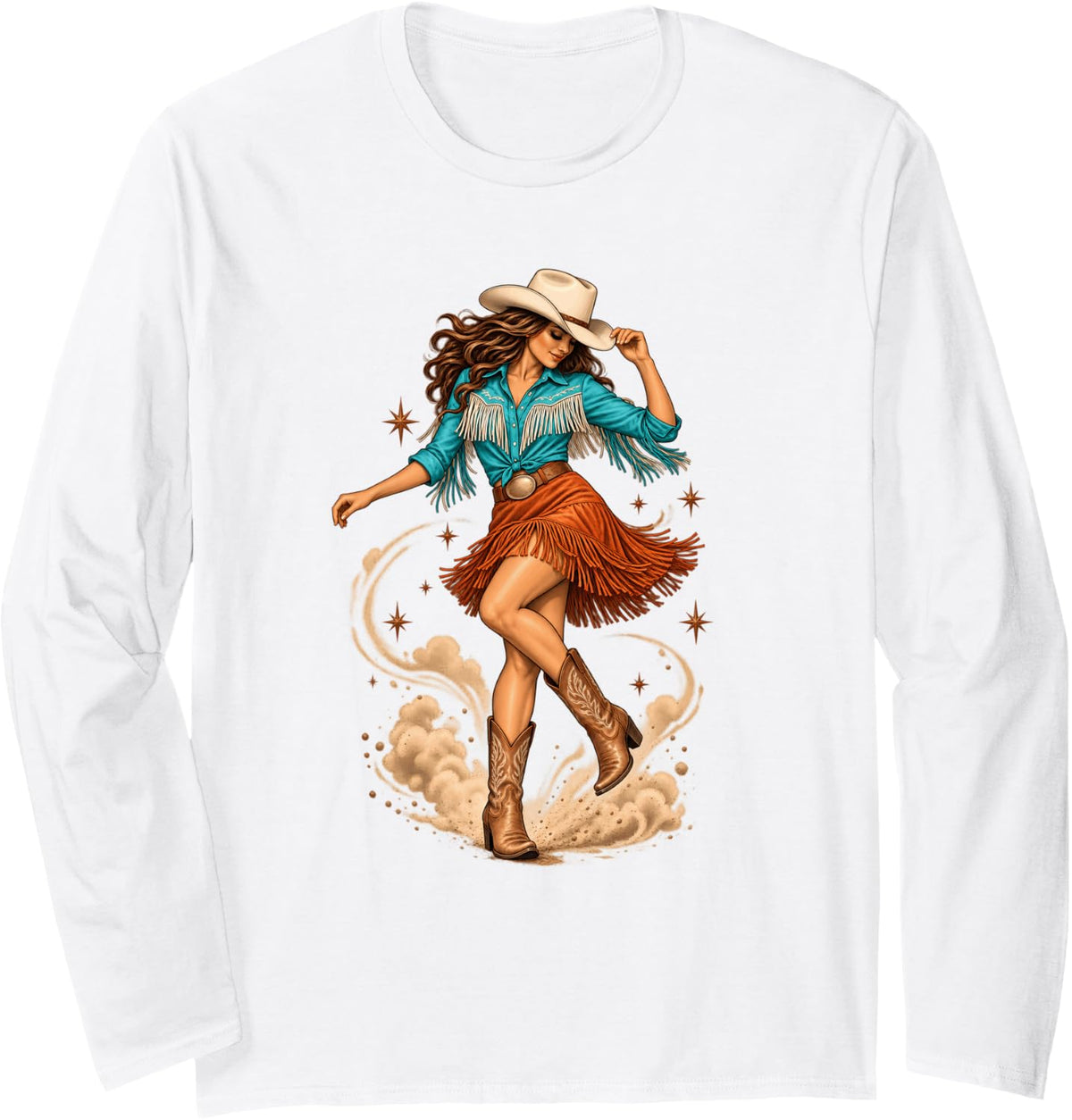 Cowgirl Line Dance Western Dance Country Boots Long Sleeve T-Shirt - Adult Unisex White